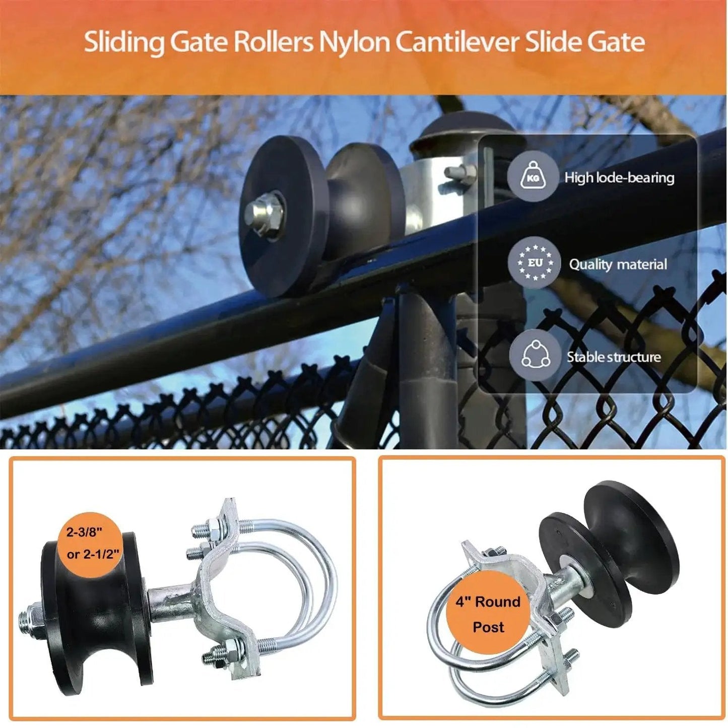 Sliding Gate Rollers Cantilever Gate Rollers Nylon Gate Rollers For 4 Inch Round Posts Two And Three Eighths Inch Or Two And One Half Inch OD Chain Link Fence Gate Frames Pack Of 2 Smooth Quiet Operation For Easy Gate Sliding And Long Lasting Performance installed on chain link fence.