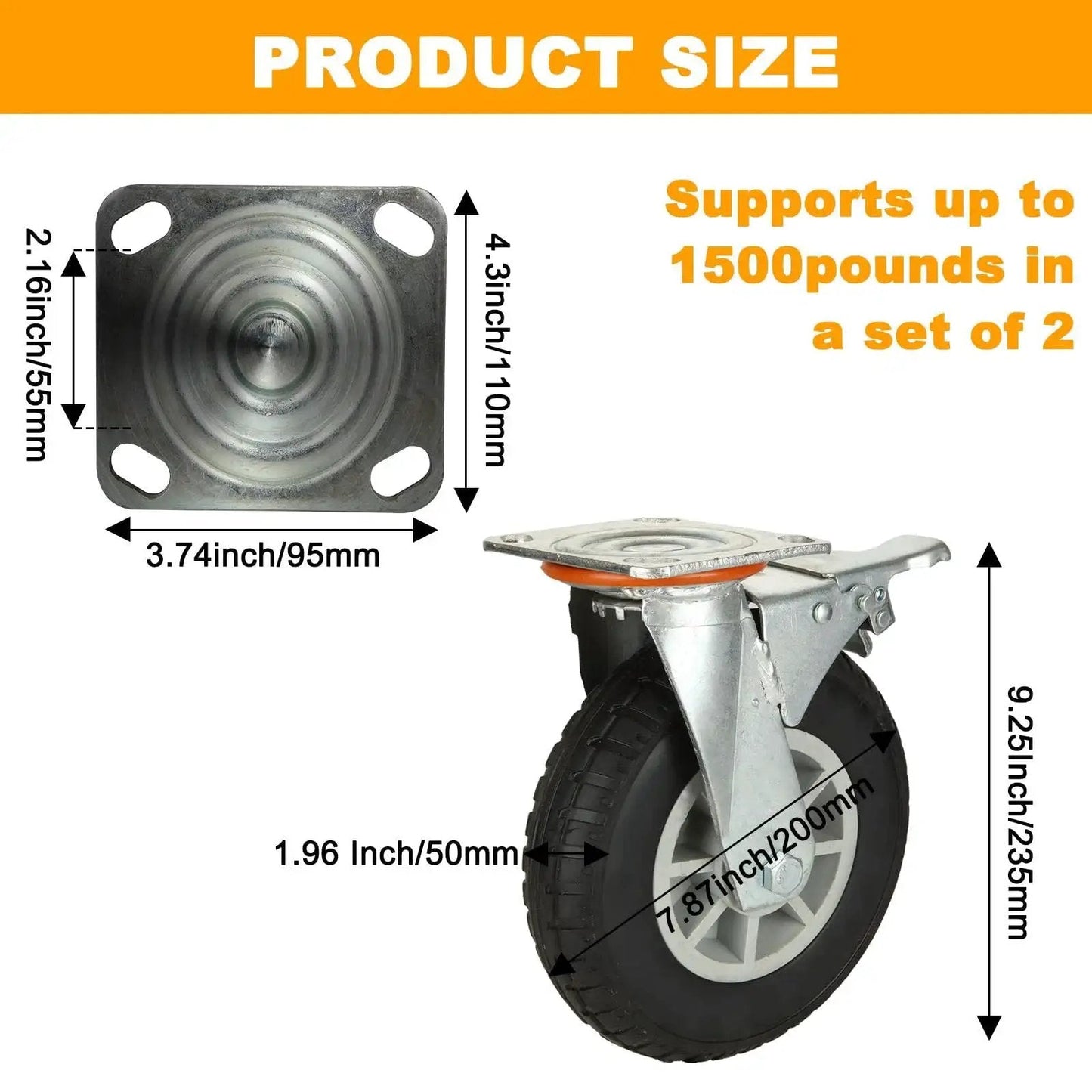 8 Inch Heavy Duty Plate Casters Set Of 2 With Locking Brakes For Cart Furniture And Workbench Industrial Quality Wheels