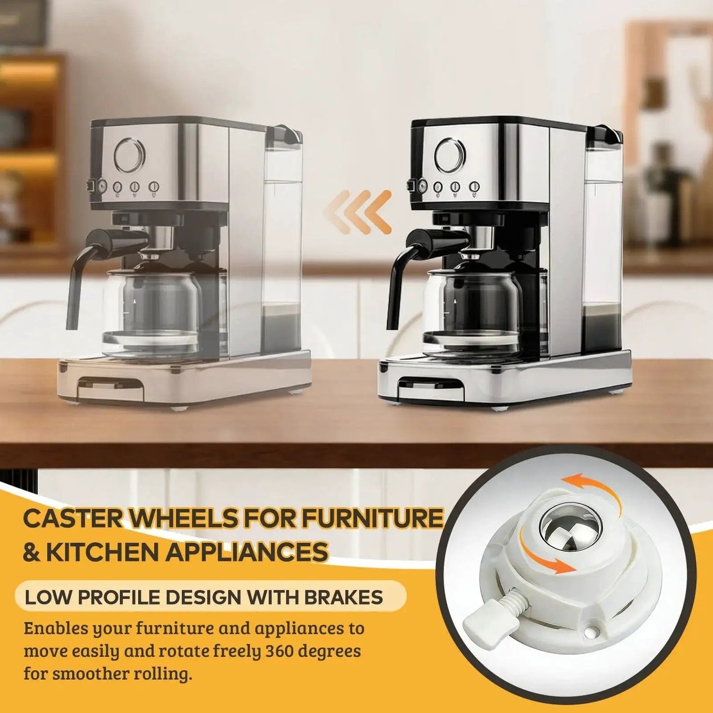 Coffee machine on a counter with Self Adhesive 1 Inch Mini Swivel Caster Wheels 4 Pack for Furniture and Appliances displayed