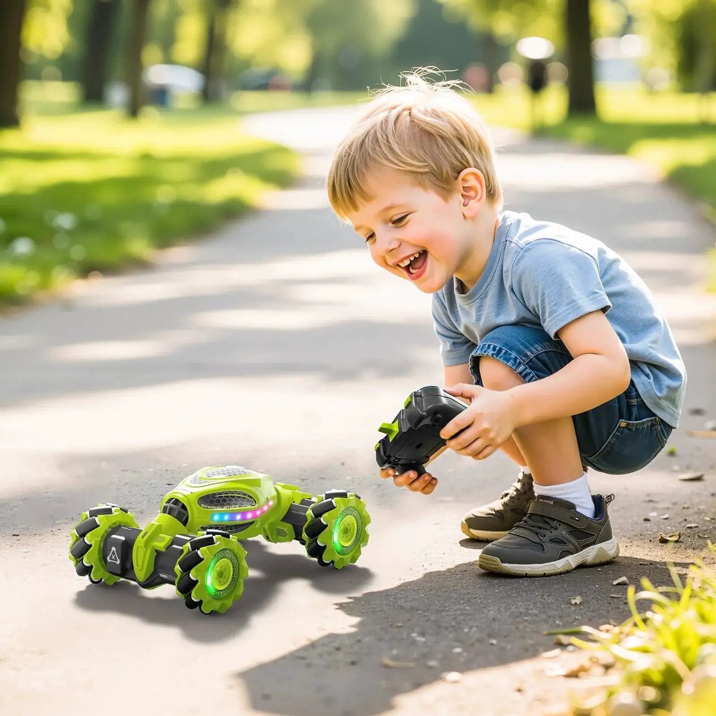 Child playing with Gesture Sensing RC Stunt Car With Hand Wave Control And Remote Two Point Four Gigahertz 4WD Drift Car outdoors