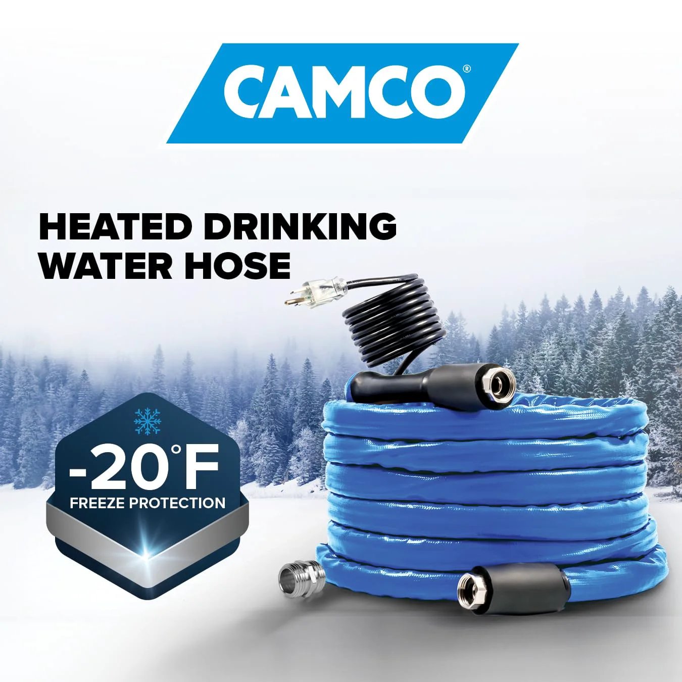 Heated RV Water Hose with Freeze Protection to -20F for all weather use, lead-free, blue coil with adapters, 25 ft length.