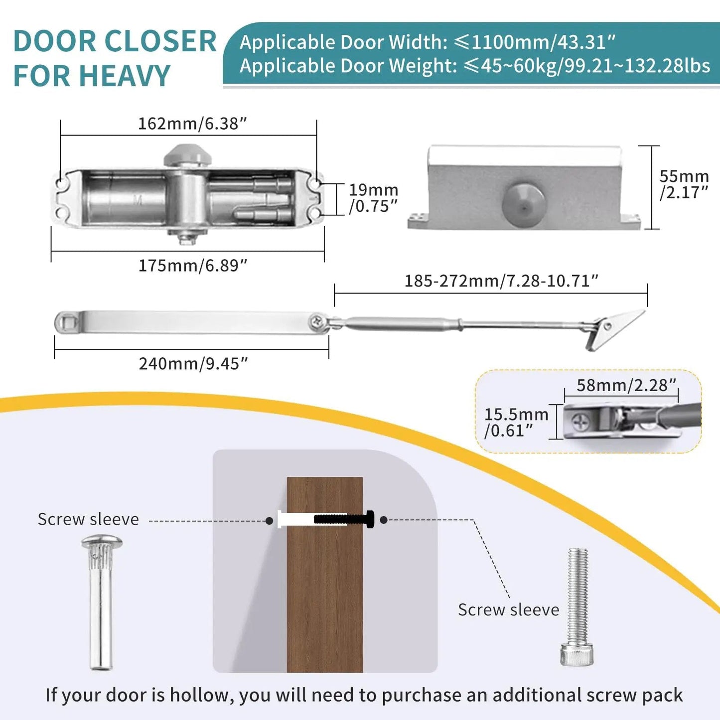 Medium Duty Hydraulic Door Closer For Commercial And Residential Use With Whisper Quiet Soft Close Technology dimensions