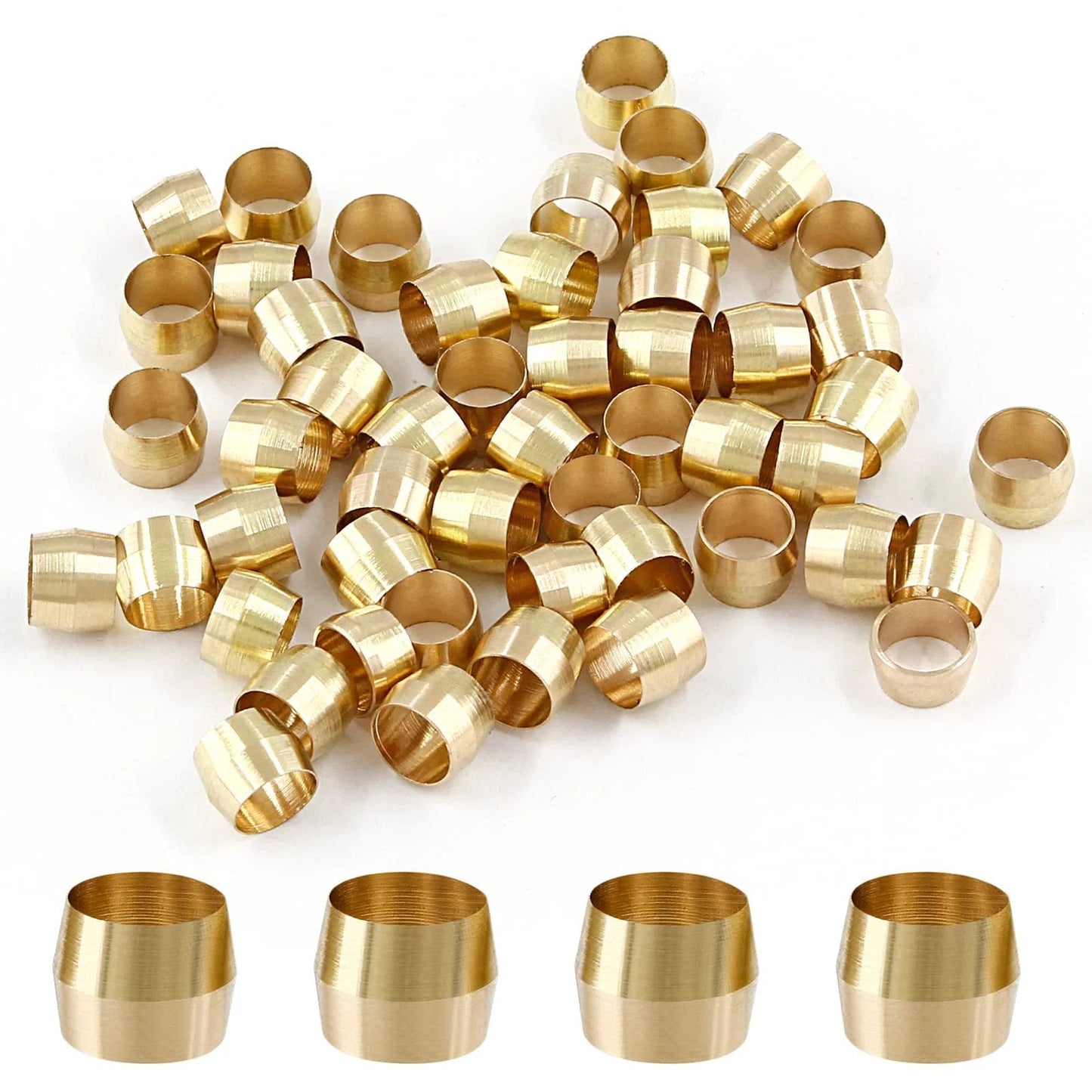 50 Pack Brass Compression Sleeves For One Quarter Inch Tube OD Fittings Ferrule Assortment, Compatible With One Quarter Inch Tubing, Withstand Up To 3000 PSI, Temperature Range Minus 65 To 250 Fahrenheit, DIY Ready For Plumbing And HVAC Projects