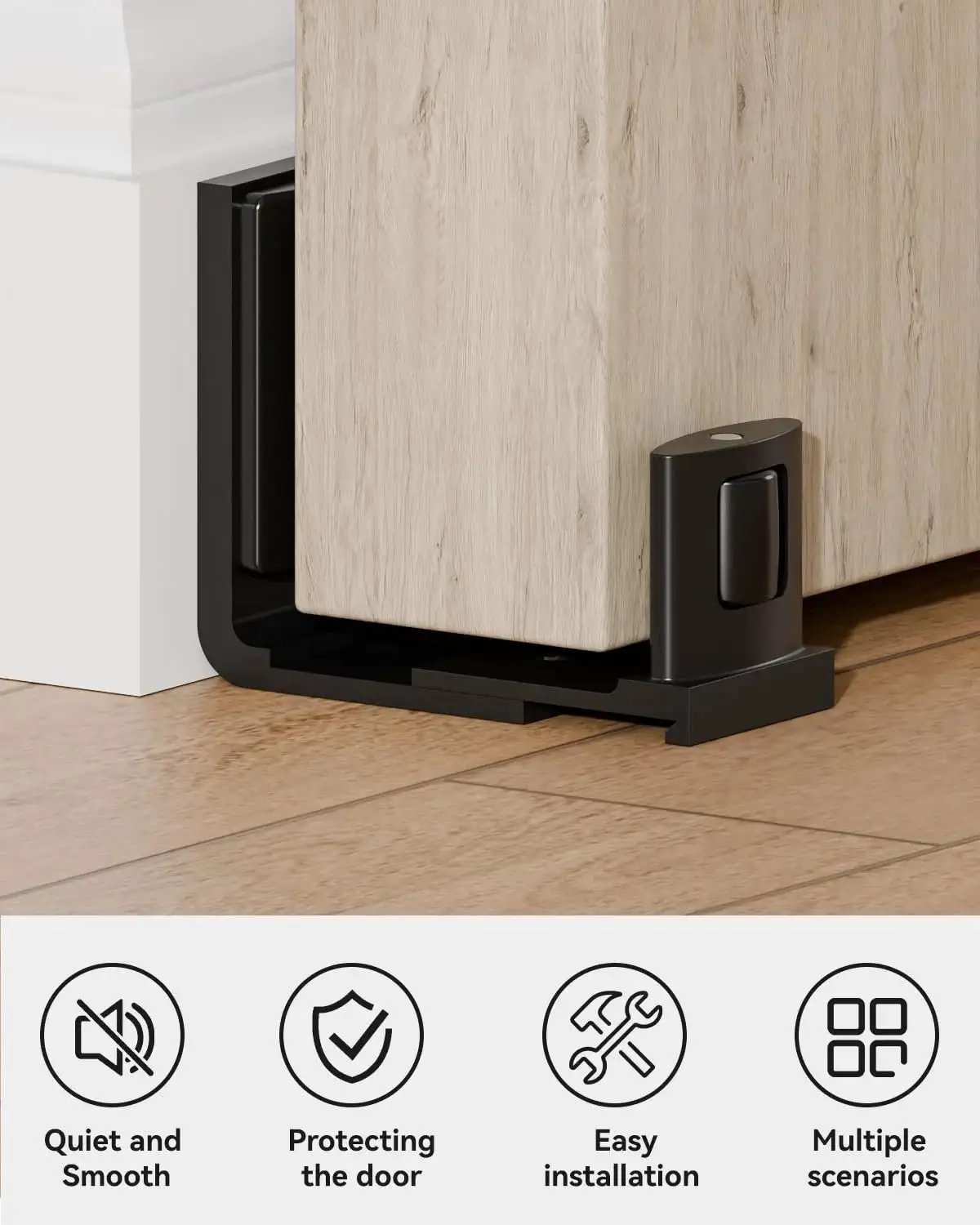 Sliding Barn Door Bottom Floor Guide With Adjustable U Shape Flush Design, aluminum alloy, installed on wooden floor, close-up view