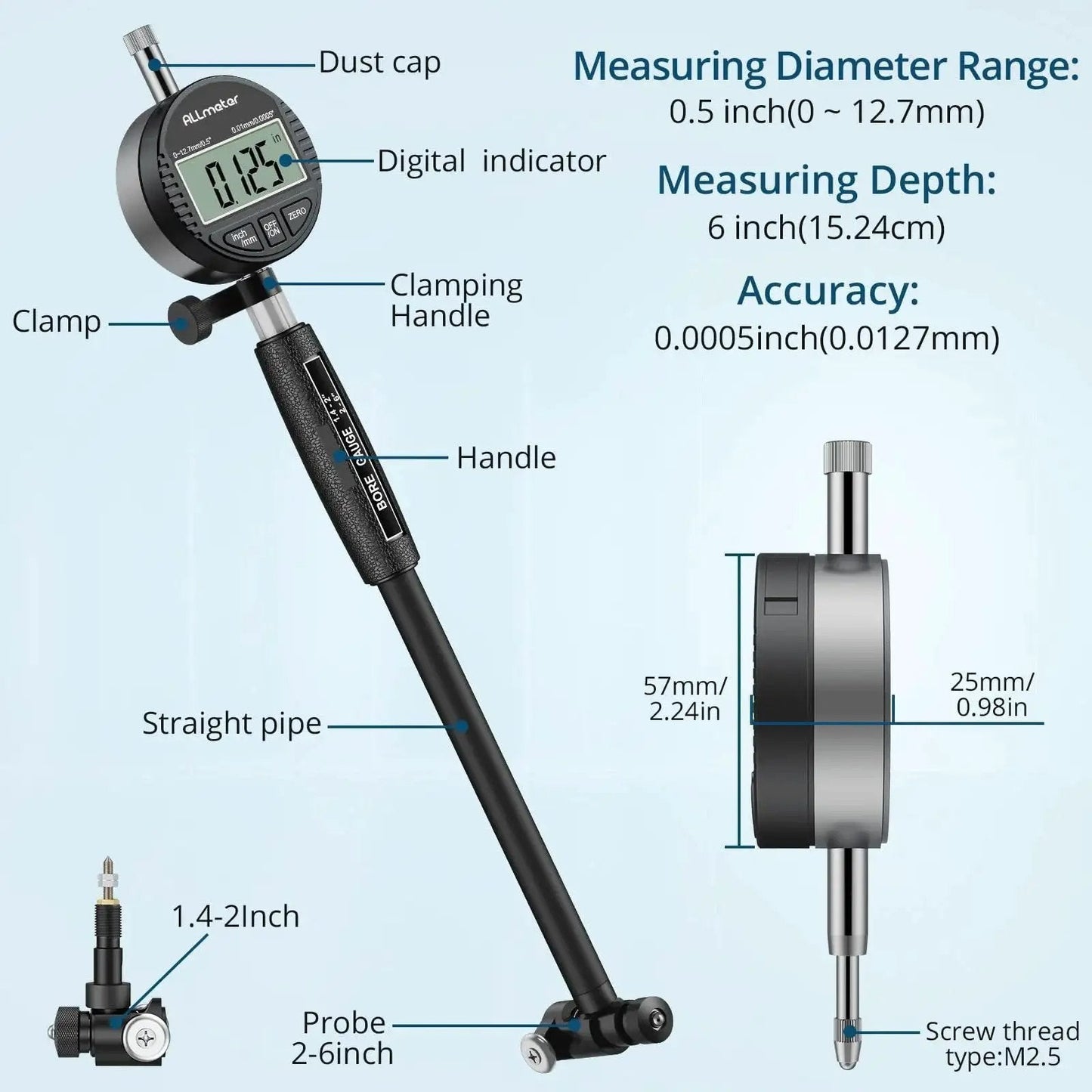 Ultimate Dial Bore Gauge Set For Engine Cylinders By ALLmeter 1.4 To 6 Inch Range 0.0005 Inch Accuracy, digital display, handle.