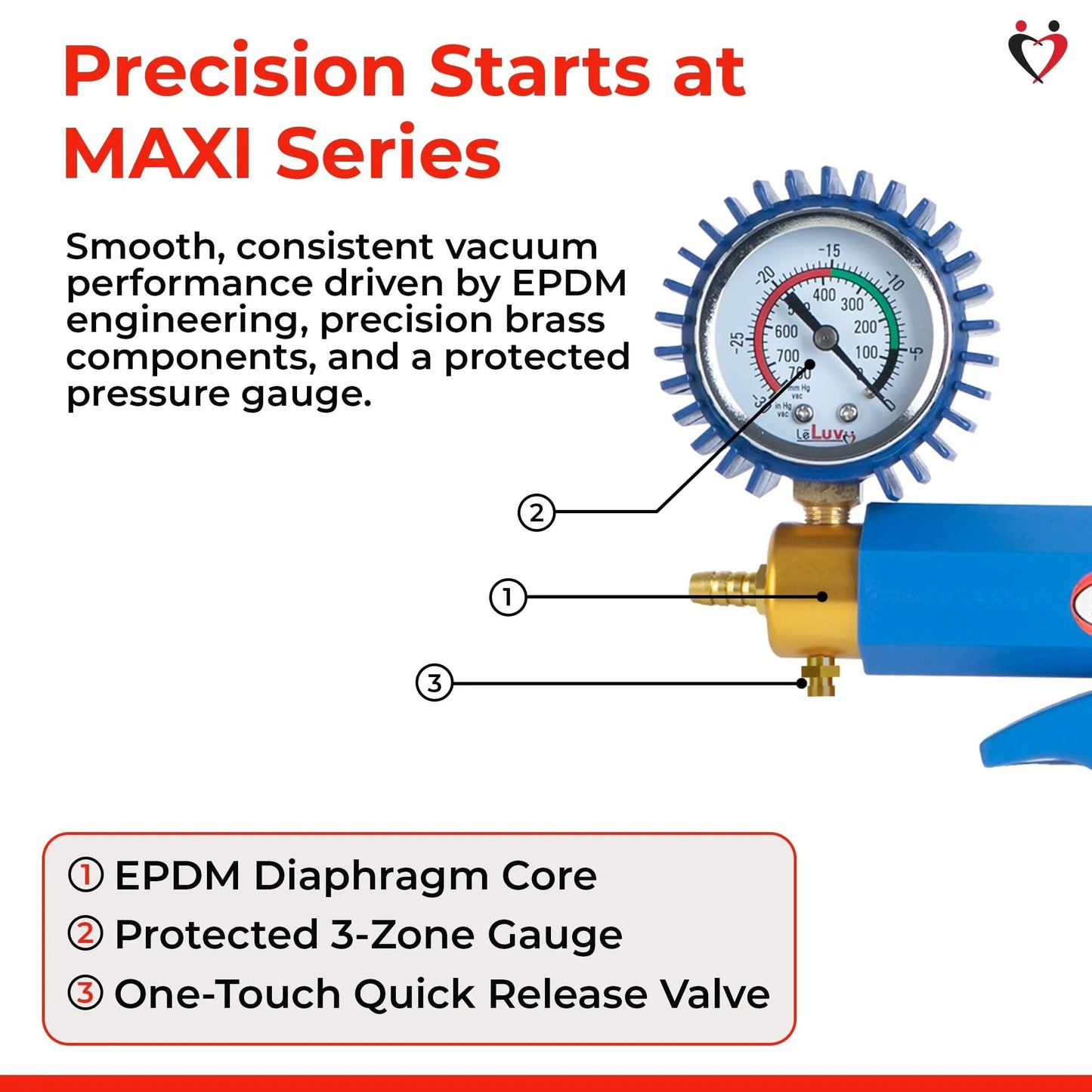Maxi Manual Vacuum Pump From LeLuv With Ergonomic Nylon Handle Release Valve And Rubber Protected Pressure Gauge For 0-30 Hg And 0-760 MmHg One Eighth NPT Compatible Blue showing pressure gauge and valve features.