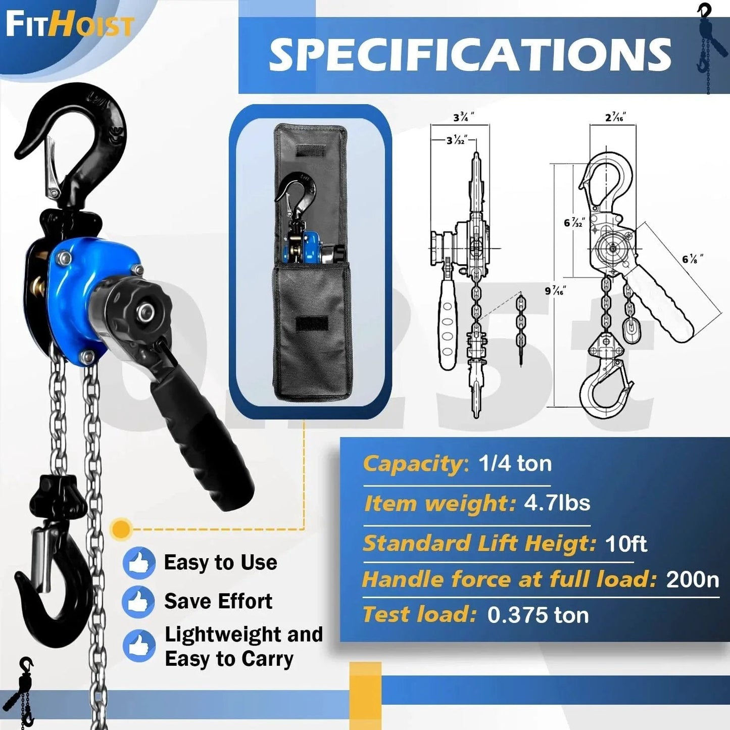 Specifications of Mini Chain Hoist Quarter Ton Lift Capacity 550 Lbs With 10 Ft Lift Alloy Steel G80 Chain and dual hooks