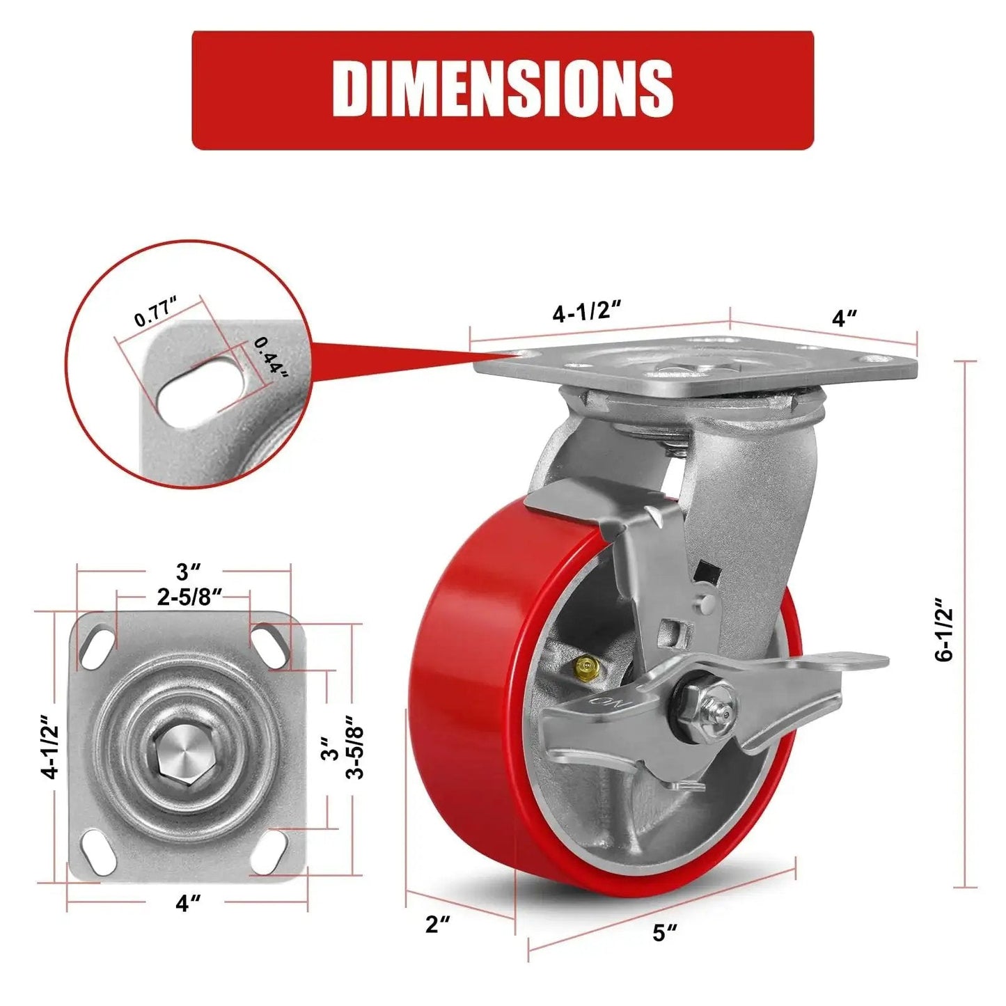 5 Inch By 2 Inch Plate Swivel And Brake Caster Wheels Set Of Four Heavy Duty Cast Iron Wheel With Polyurethane Non Marking Red Tread On Steel Hub