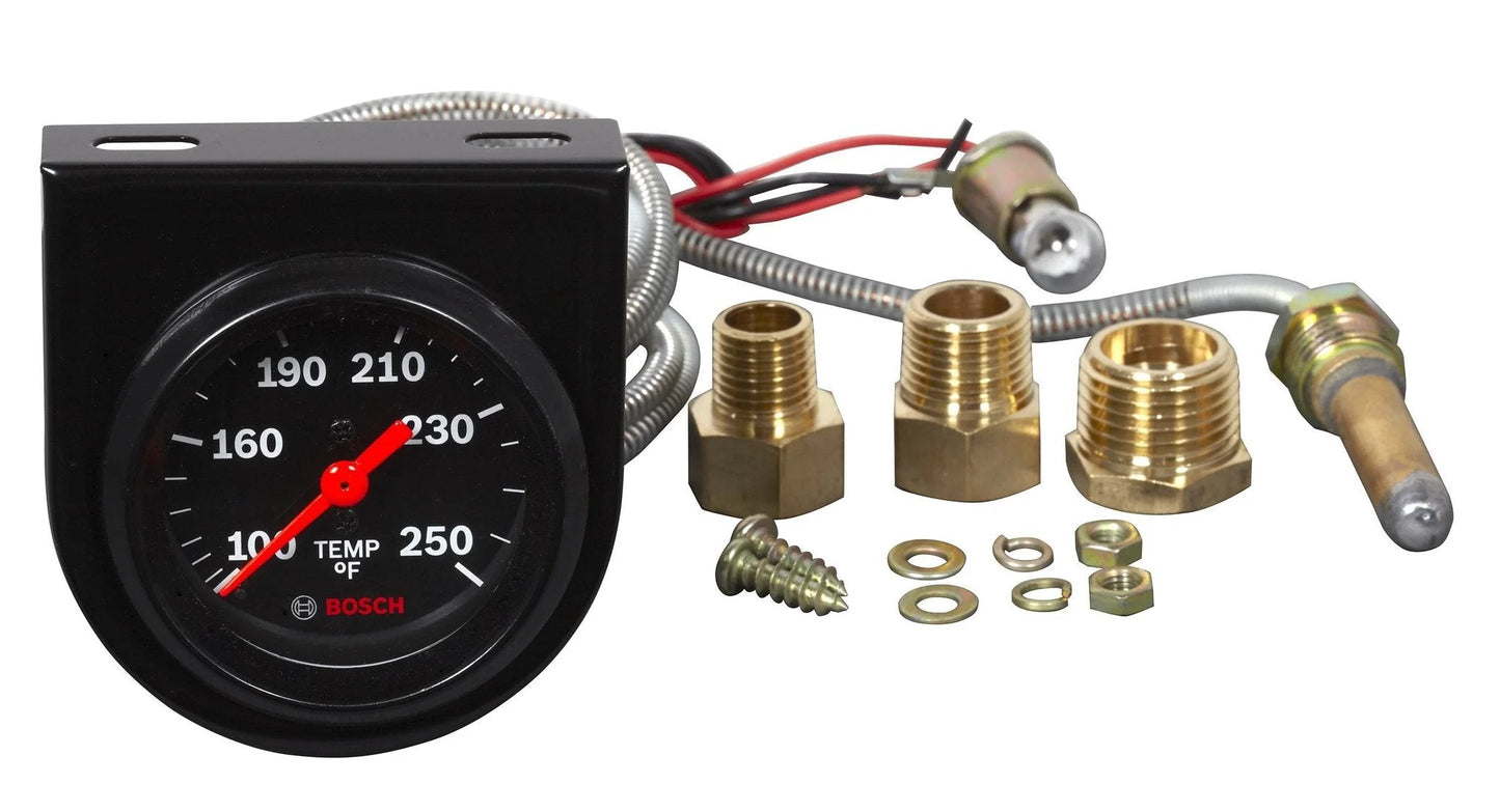 Style Line 2 Inch Mechanical Water And Oil Temperature Gauge With Black Dial Face And Black Bezel From Bosch SP0F000053 100 To 250 Fahrenheit 270 Degree Sweep Dash ready with hardware and connectors.