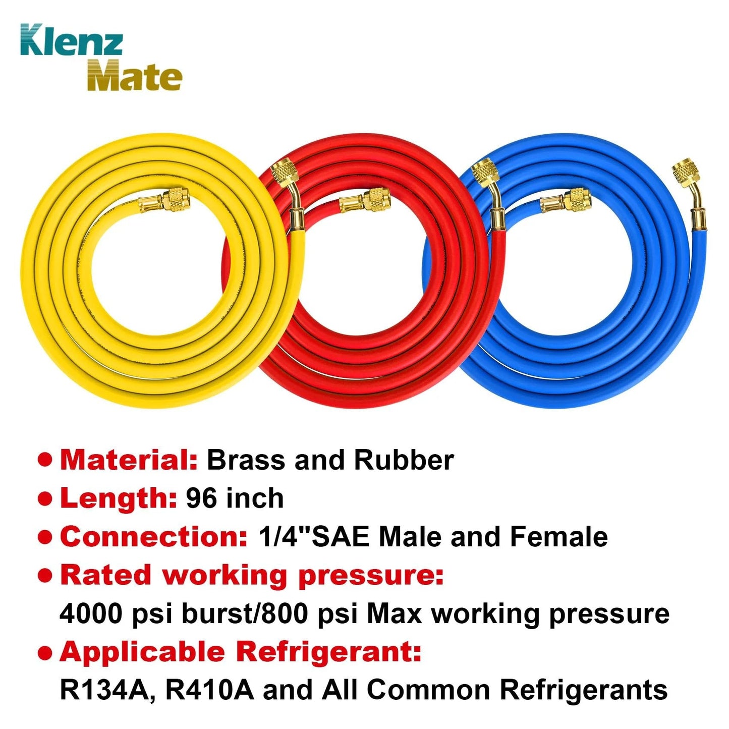 Heavy Duty Refrigerant Charging Hose Set With Color Coded Hoses In Yellow Red And Blue, 96 Inch Long, Standard One Quarter Inch Flare Fittings On Both Ends