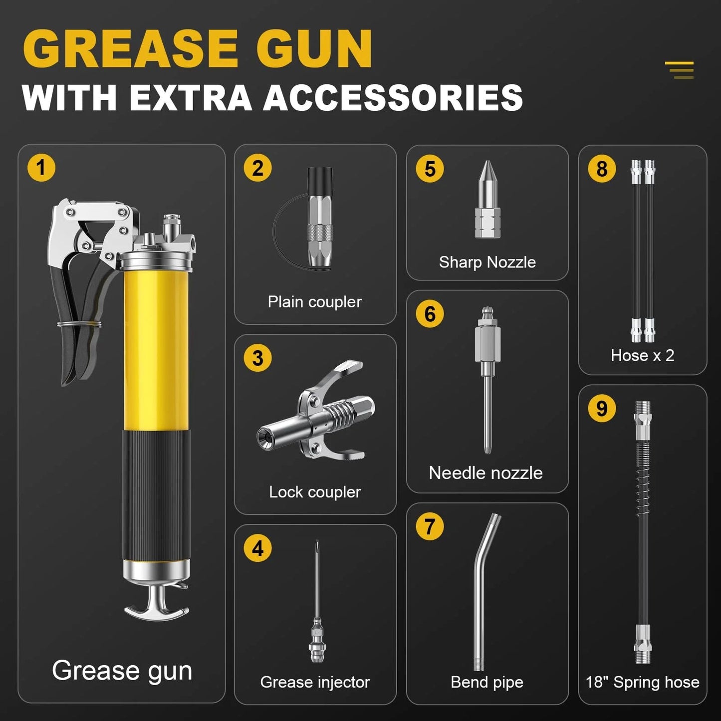 8000 PSI Grease Gun Kit With Leak Proof Pistol Grip And Lock Coupler, 18 Inch Spring Flex Hose, Two Standard Hoses, 14 Ounce Load