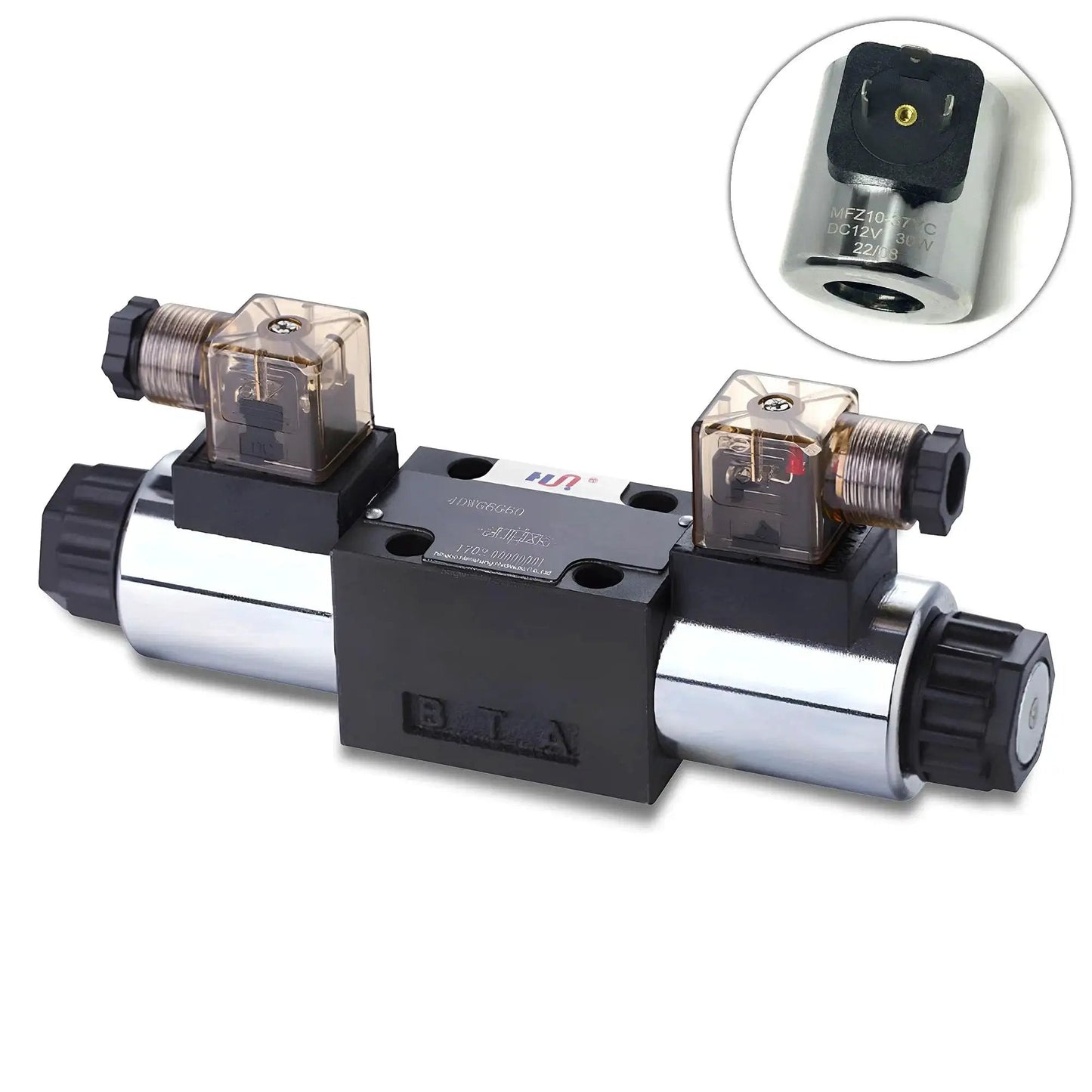 Heavy Duty 12V DC Hydraulic Directional Control Valve Solenoid NG6 Size 6 with detailed view of electric spool