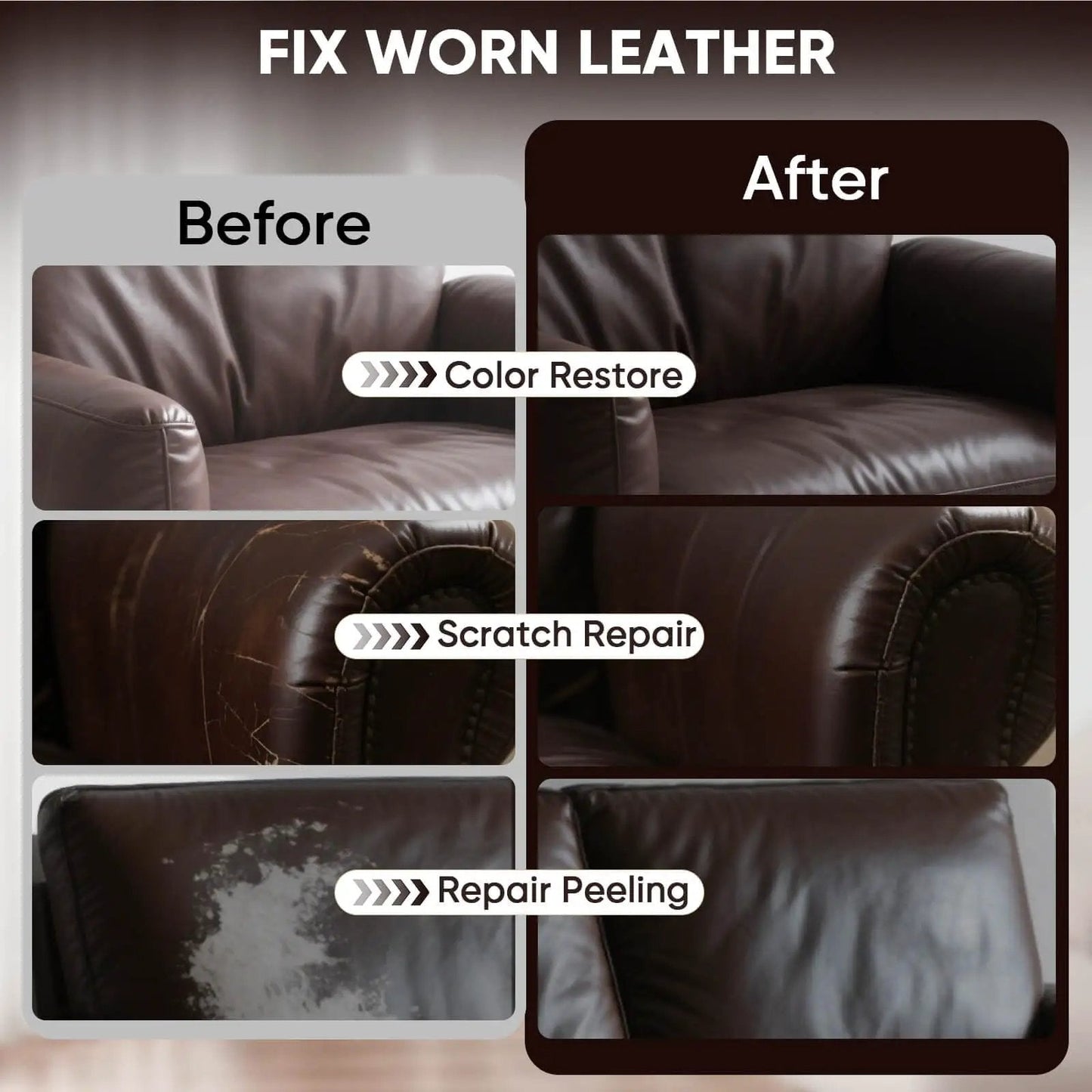 Before and After image showing leather couch restoration using Dark Brown Leather Recoloring Balm for Scratch Repair and Color Restore, 10 Oz.