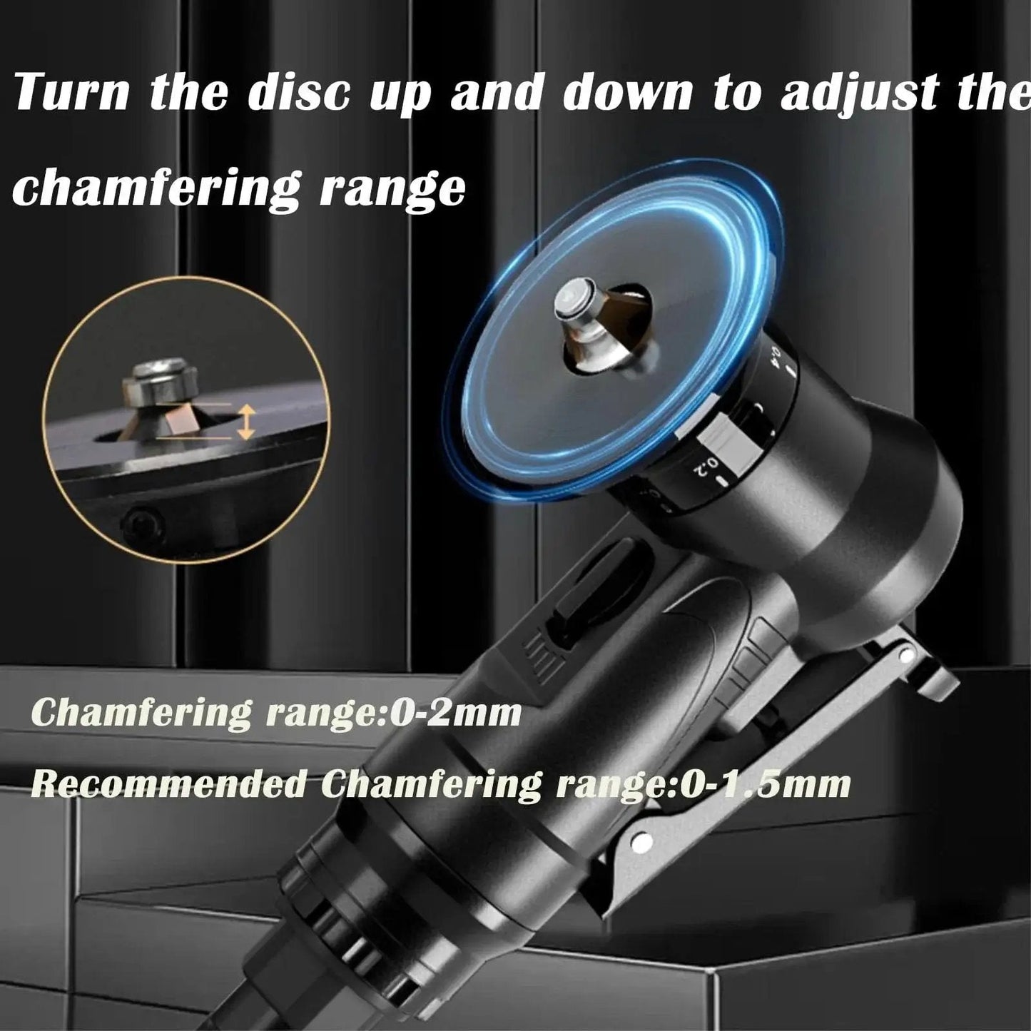 Portable Forty Five Degree Pneumatic Chamfering Tool For Metal And Wood Beveling Deburring With One Quarter Inch Air Inlet Lightweight One Hand Operation Low Vibration Smooth Cuts High Efficiency adjusting chamfer range with settings highlighted