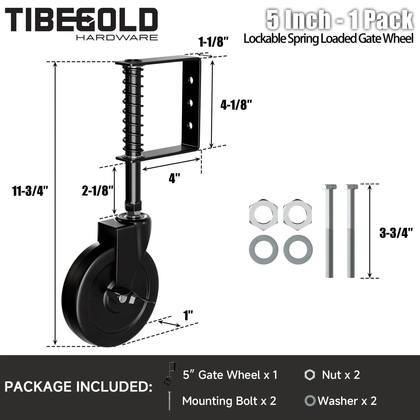 5 Inch Spring Loaded Gate Caster With Side Brake For Outdoor Wooden Gates And Fences, Heavy Duty Wheel With 360 Degree Swivel, Anti Sag Gate Kit, 220 Lb Capacity, Black, 1 Pack overview with measurements and contents.