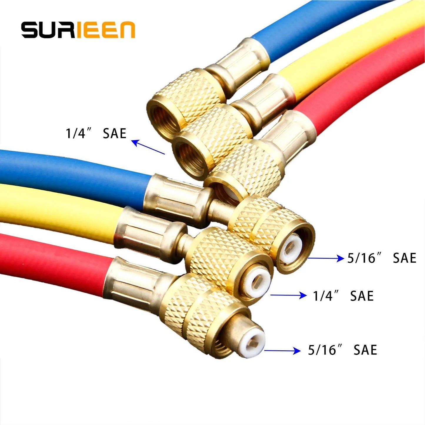 R410A Refrigerant Charging Hoses Set Surieen 60 Inch 1 Quarter SAE To 5 Sixteenth SAE Fits R410 And R32 Air Conditioning And HVAC Manifold Gauge Hose Kit Three Pack 800 PSI Working Pressure 4000 PSI Burst
