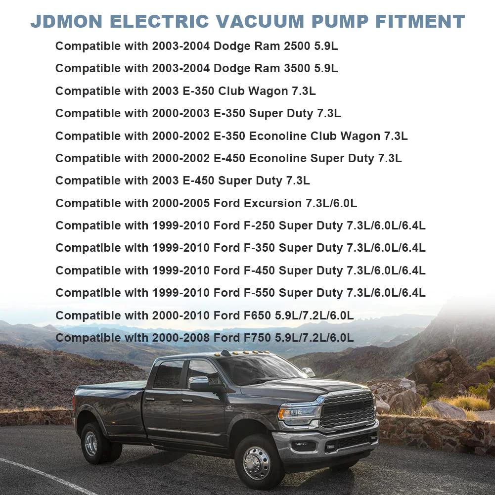 Electric Vacuum Pump Replacement For Ford F250 F350 F450 F550 Super Duty Trucks Excursion E350 E450 And Dodge Ram 2500 3500 2000s To 2010 Direct Fit OEM Style Plug And Play Replaces 904214 6C3Z2A451A font display with compatibility list