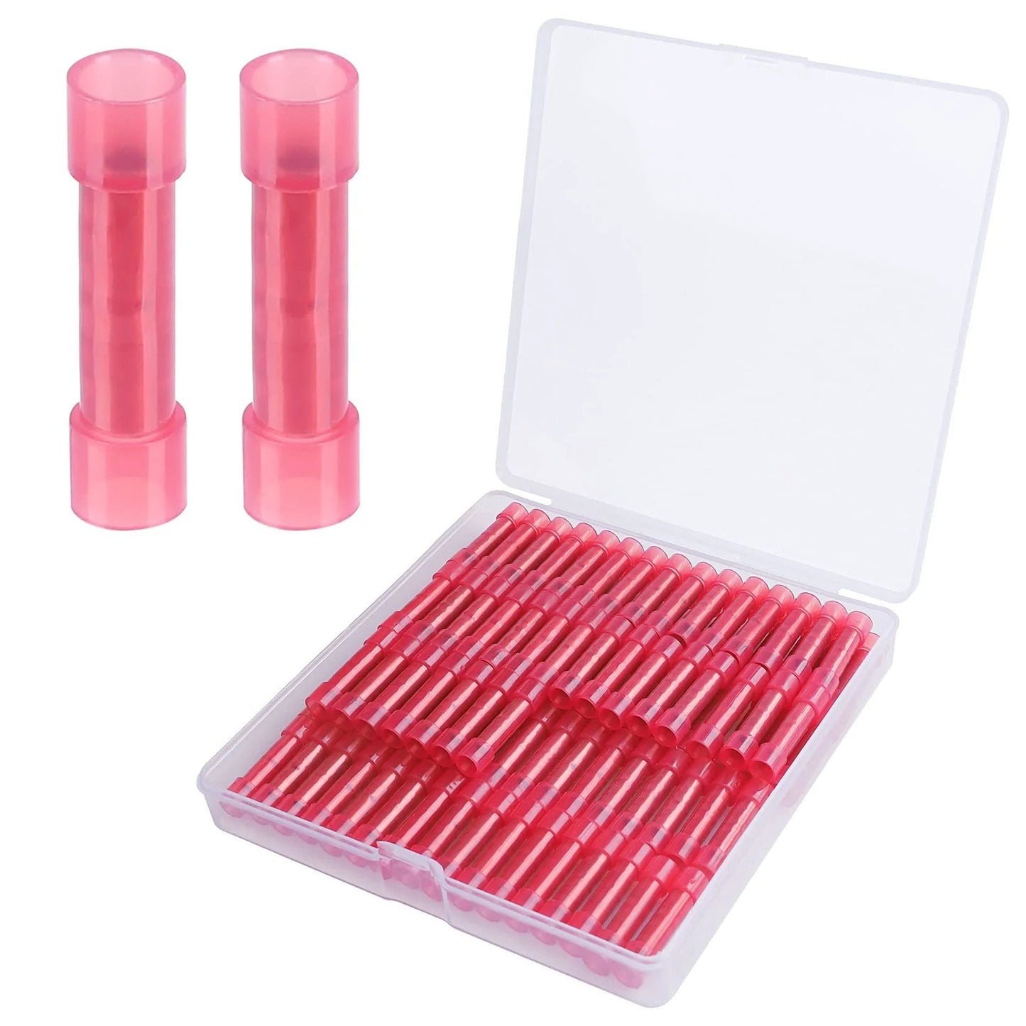 100 Pcs PA66 Nylon 22-16 AWG Wire Connectors Electrical Crimp Butt Connector Fully Insulated Splice Terminals Red Copper Tin Plated for Auto Marine DIY Electronics Wiring Projects