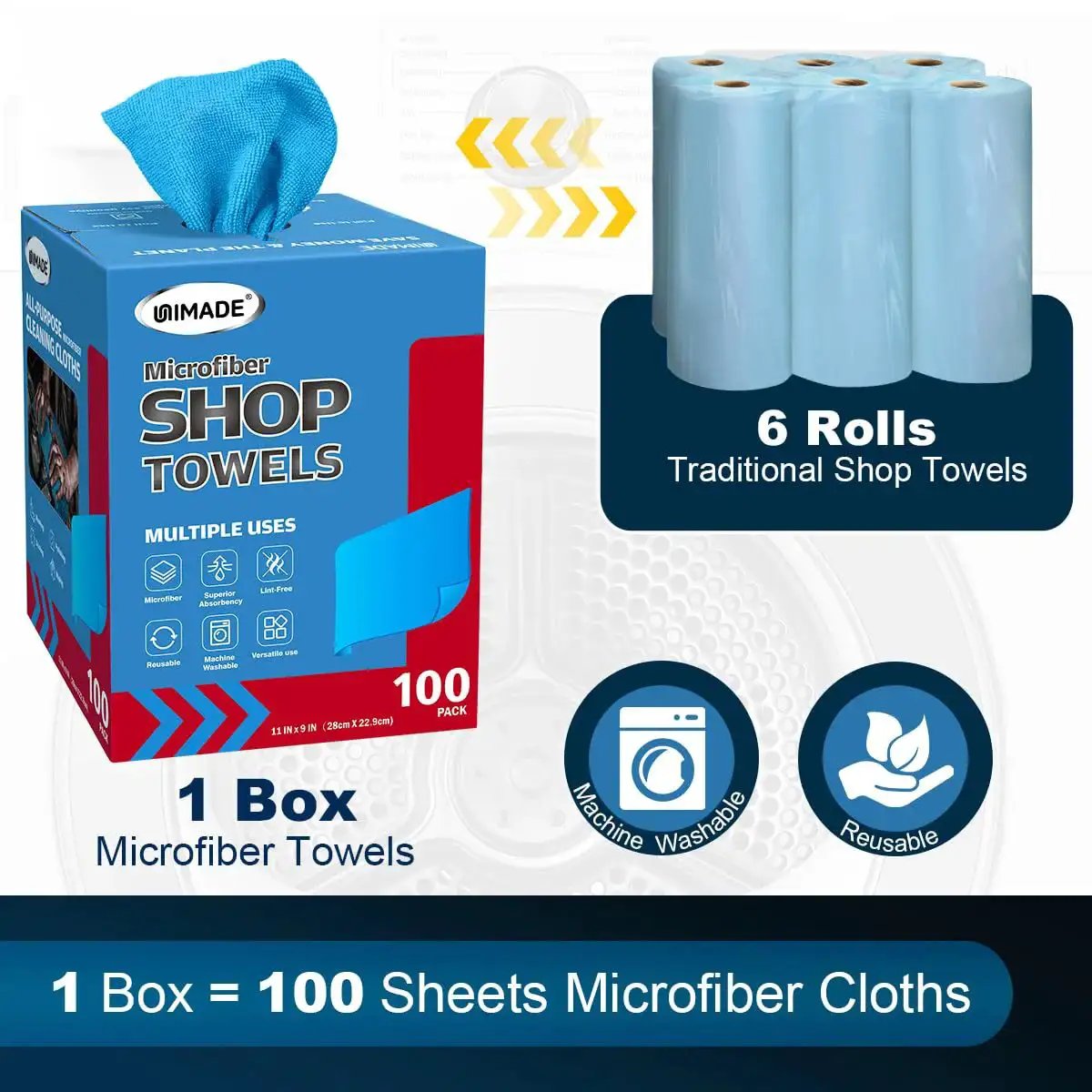 Microfiber Shop Towels 100 Sheets Dispenser Pack Lint Free For Auto Garage Blue packaging with graphic comparison to 6 rolls.