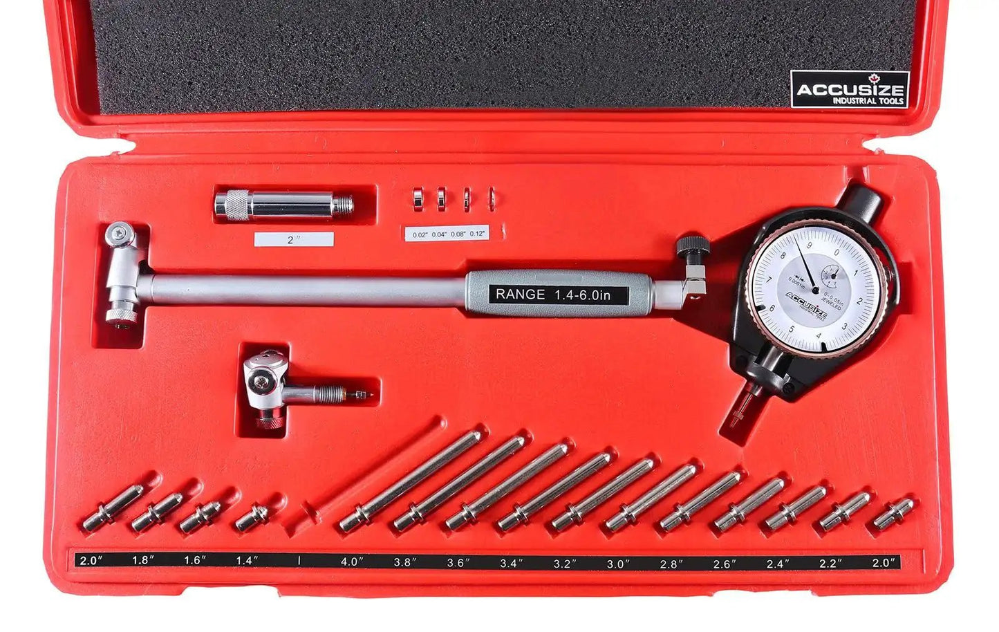 Dial Bore Gauge Set With 1.4 To 6 Inch Range And 0.0001 Inch Graduation, Carbide Tips, Chrome Handle in red case, EE20-2416 By Accusize