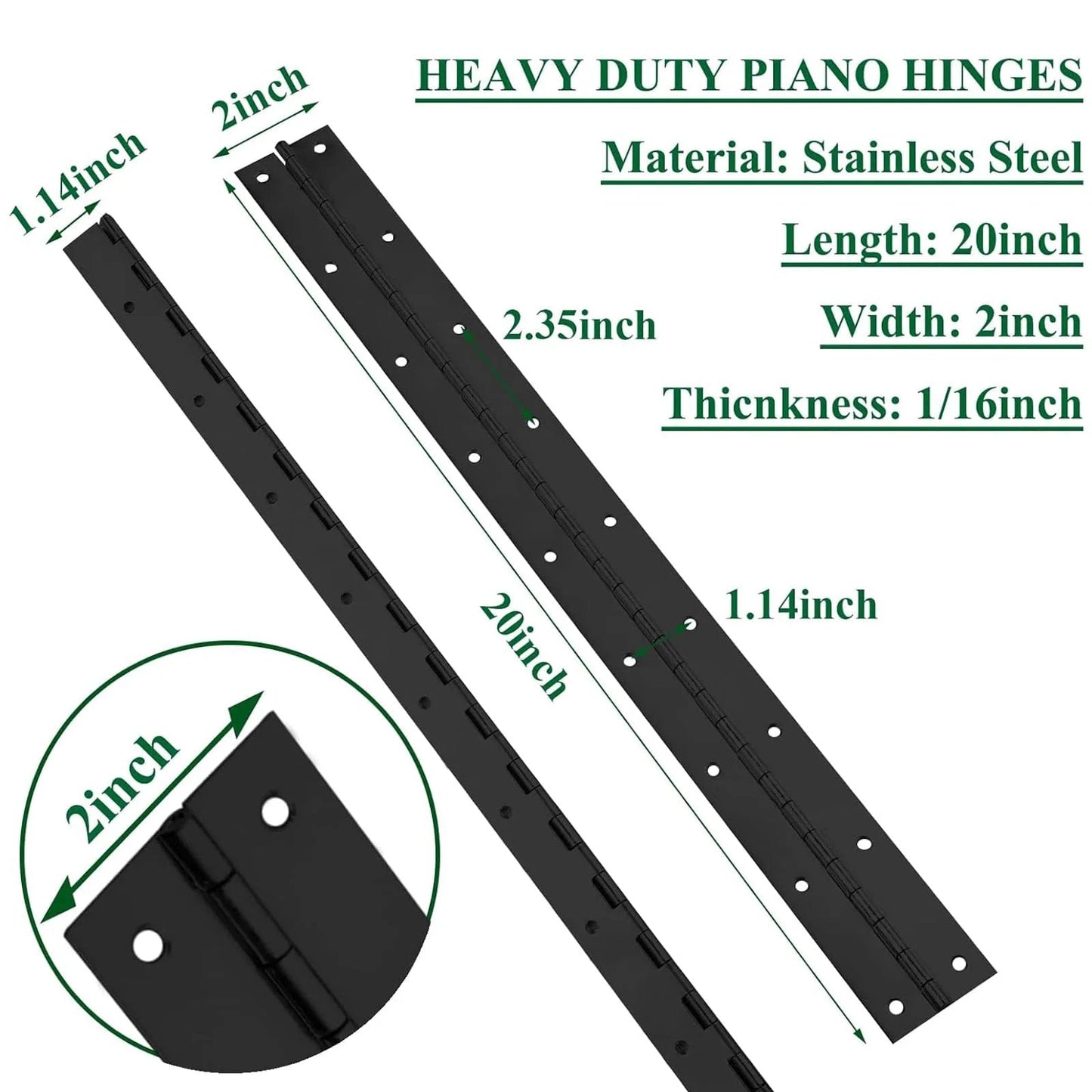 Heavy Duty Piano Hinge Set 2 Pack 2 In Open Width By 20 In Long 0.06 In Thick Stainless Steel With Holes Black Hinges
