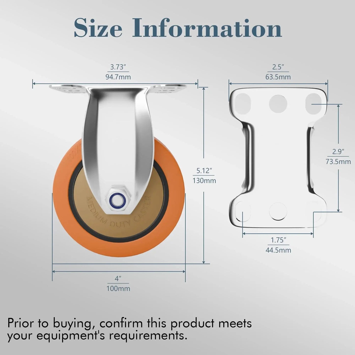 Dimensions of Rigid 4 Inch Stainless Steel Caster Wheel Set Of 2 For Industrial Use shown with size measurements and frame details.