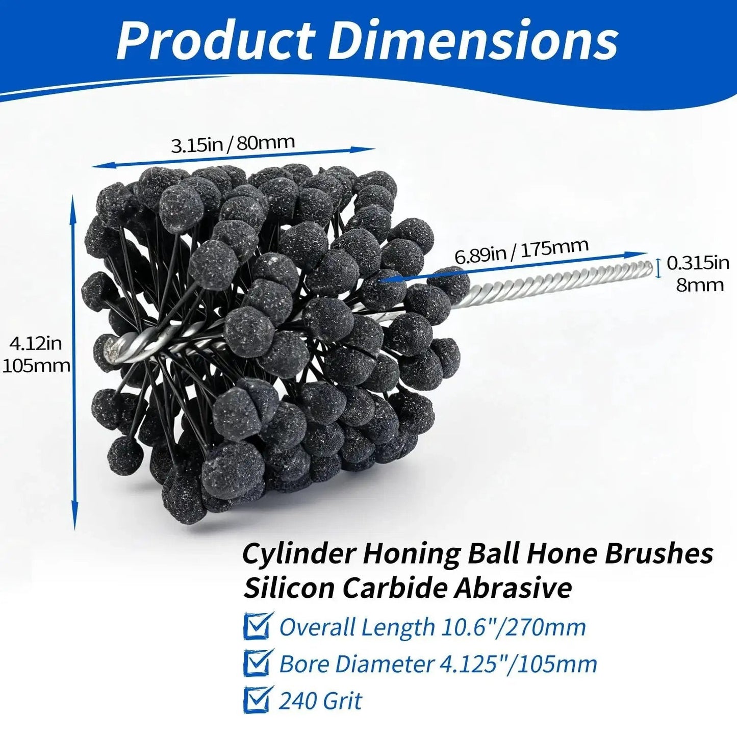 Front view of Cylinder Honing Ball Brush 4.125 Inch Diameter 240 Grit Silicon Carbide with dimensions and labels