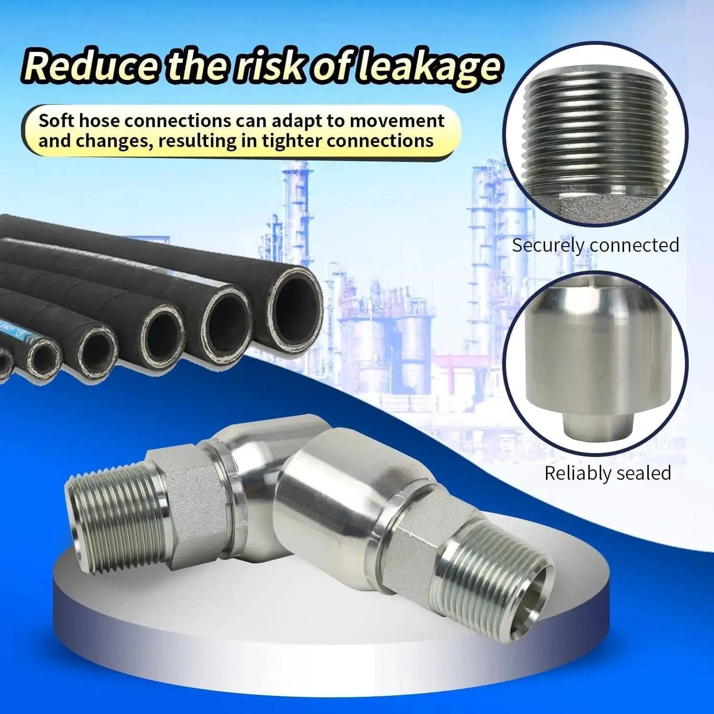 12 Pack Hydraulic Hose Fittings 1/4 Inch I.D. To 1/4 Inch NPTF Male Crimp Ends, coated steel with industrial background