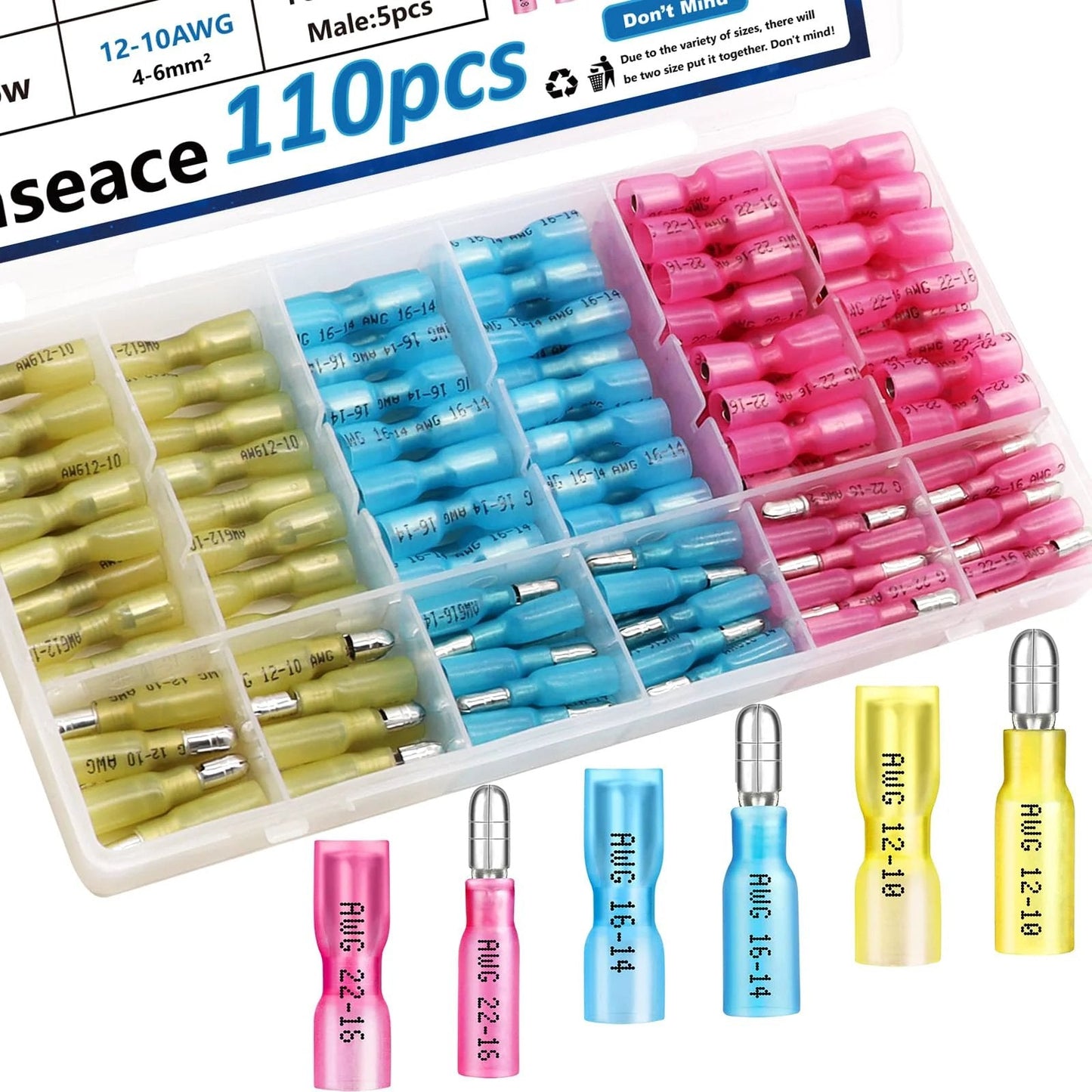 110 Piece Heat Shrink Bullet Connector Kit With Waterproof Assortment For 22 To 10 AWG Male And Female Terminals Ideal For Automotive Boat Stereo And Industrial Equipment By Smseace