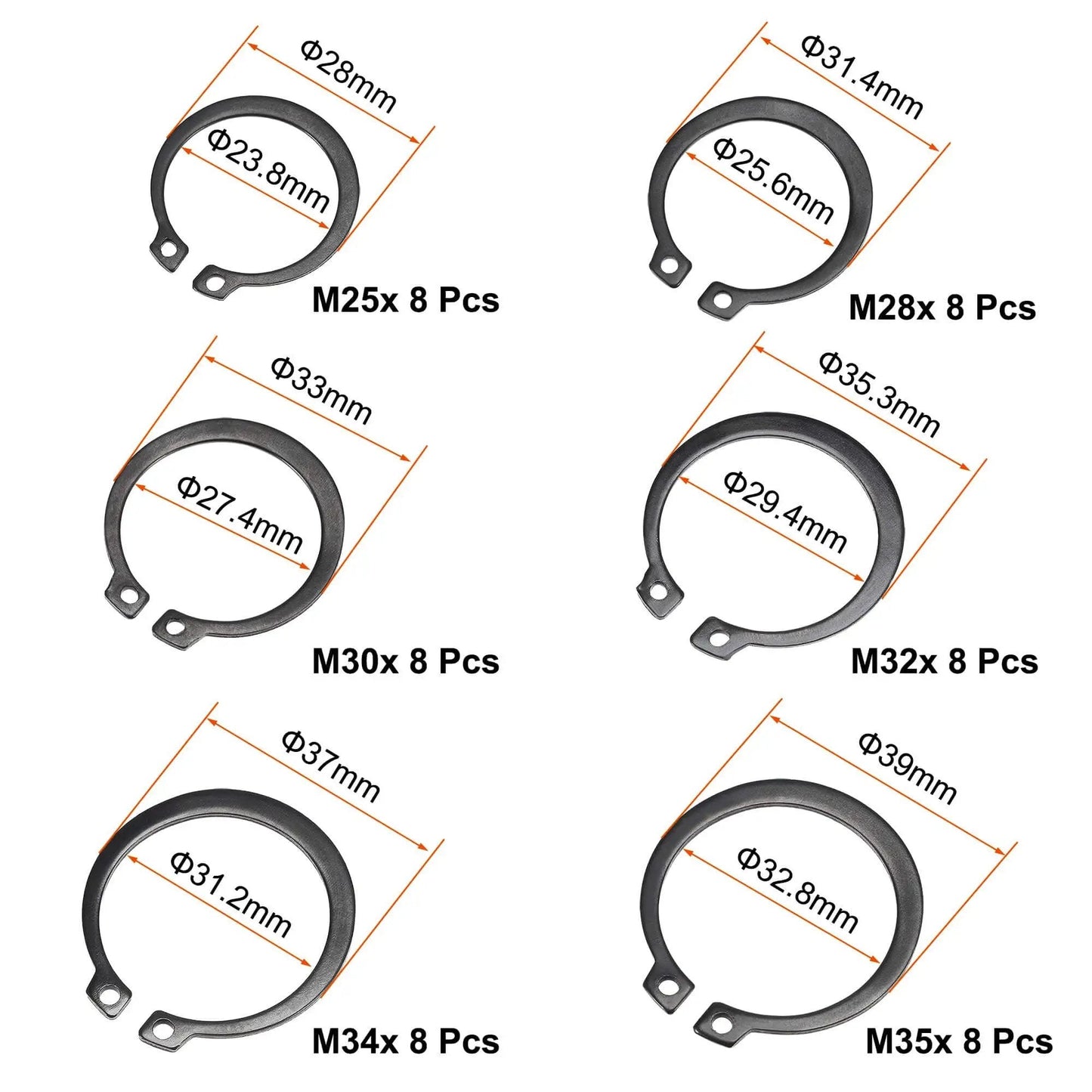 External Retaining Ring Kit 88 Pcs 11 Sizes Carbon Steel Snap Ring Assortment with dimensions 25mm to 47mm visible