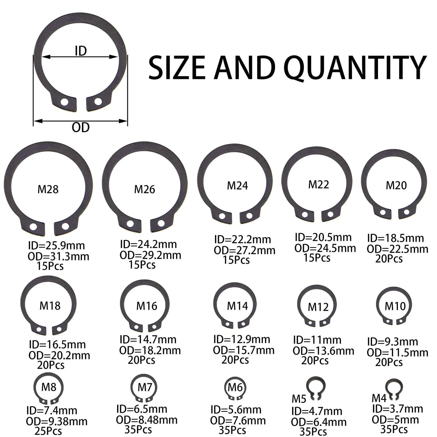 340Pcs Snap Ring Kit External Circlip Retaining Clip Rings Set Alloy Steel 65Mn 15 Sizes From 4mm To 28mm Rust Resistant Diagram