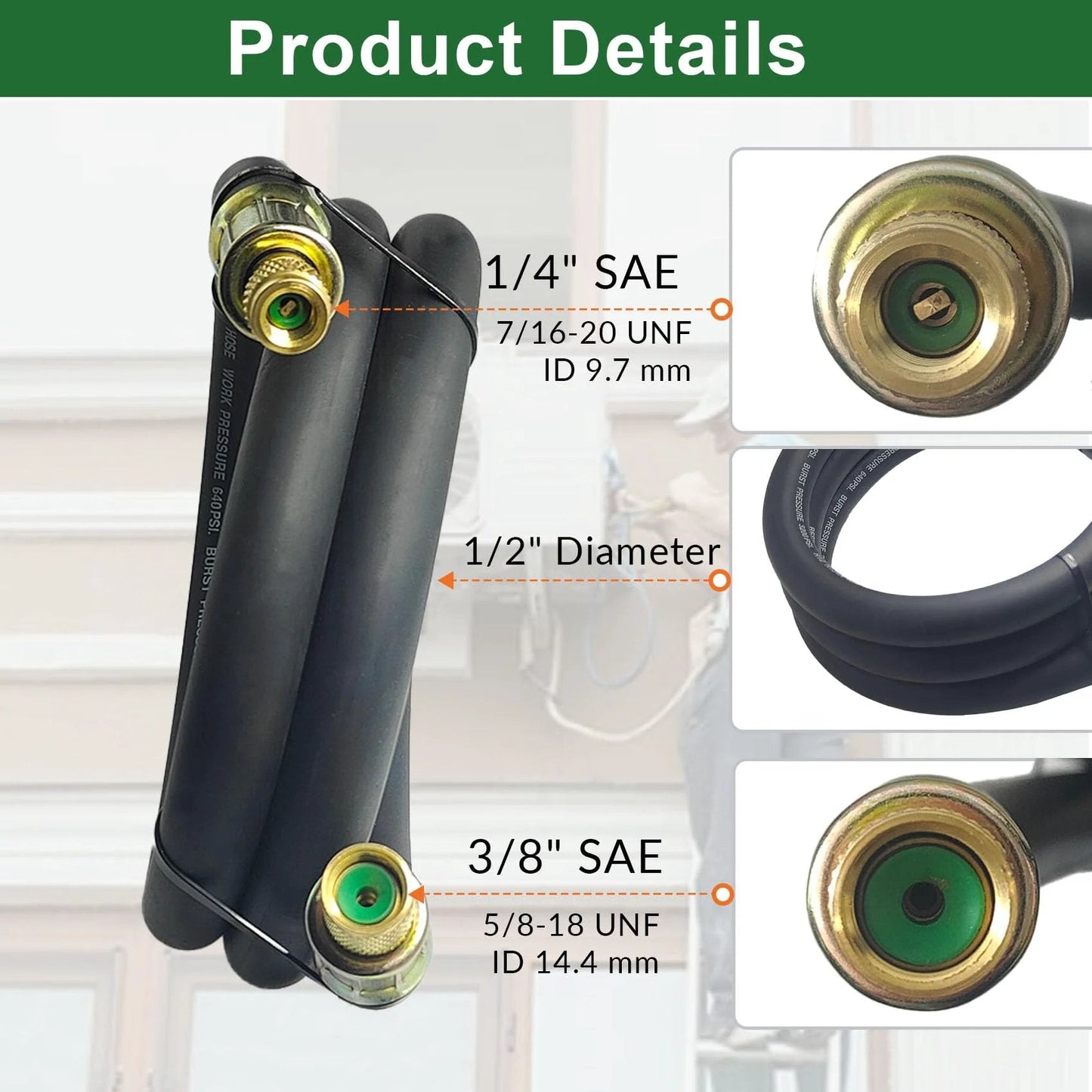 High Flow Half Inch HVAC Vacuum Hose With 3/8 To 1/4 Inch SAE Fittings, Six Foot Long, 20 Micron Vacuum Certified shown coiled