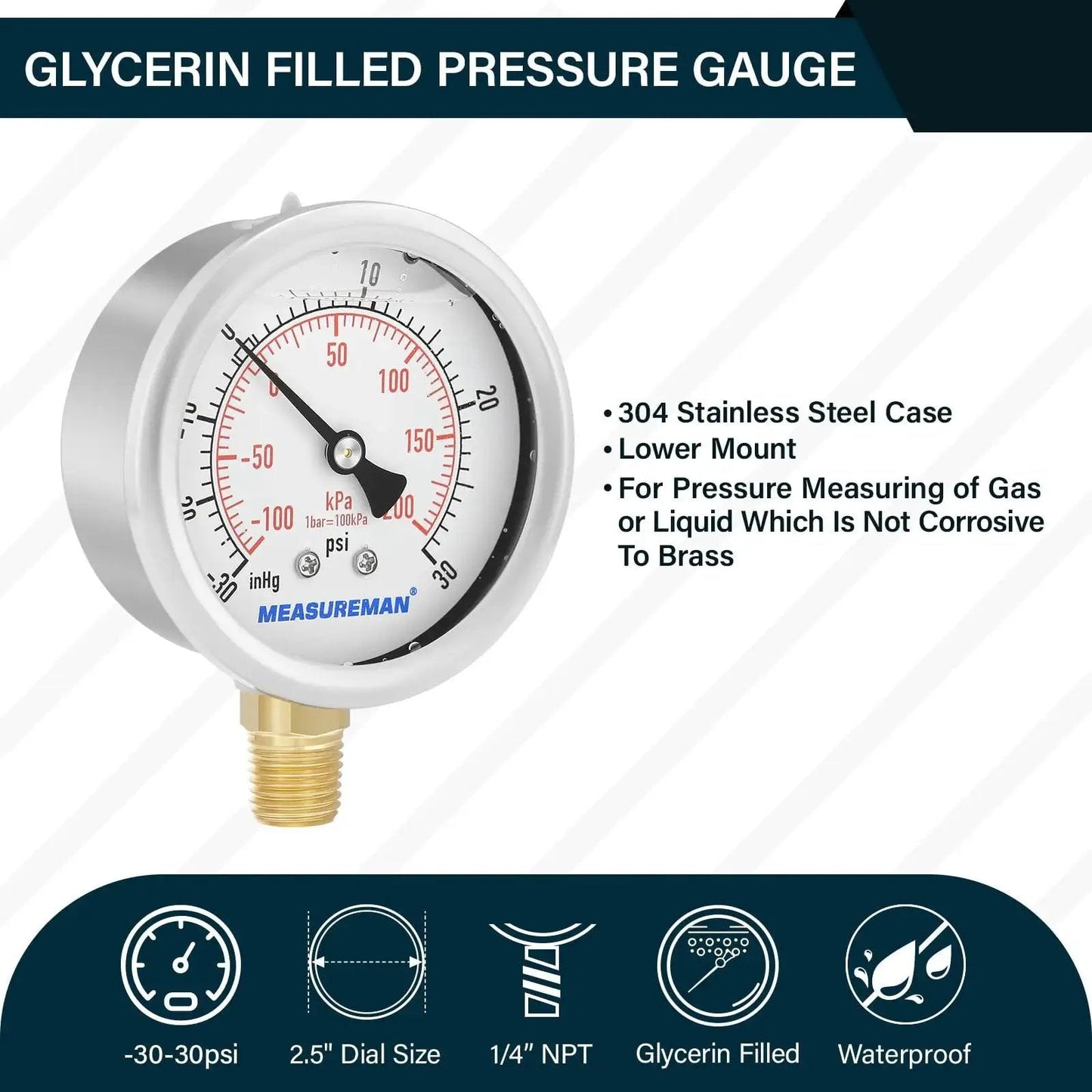 Glycerin-Filled 2-1/2 Inch Dial Pressure Gauge Built Tough With Stainless Steel Case And Brass Inside, 1/4 Inch NPT Lower Mount