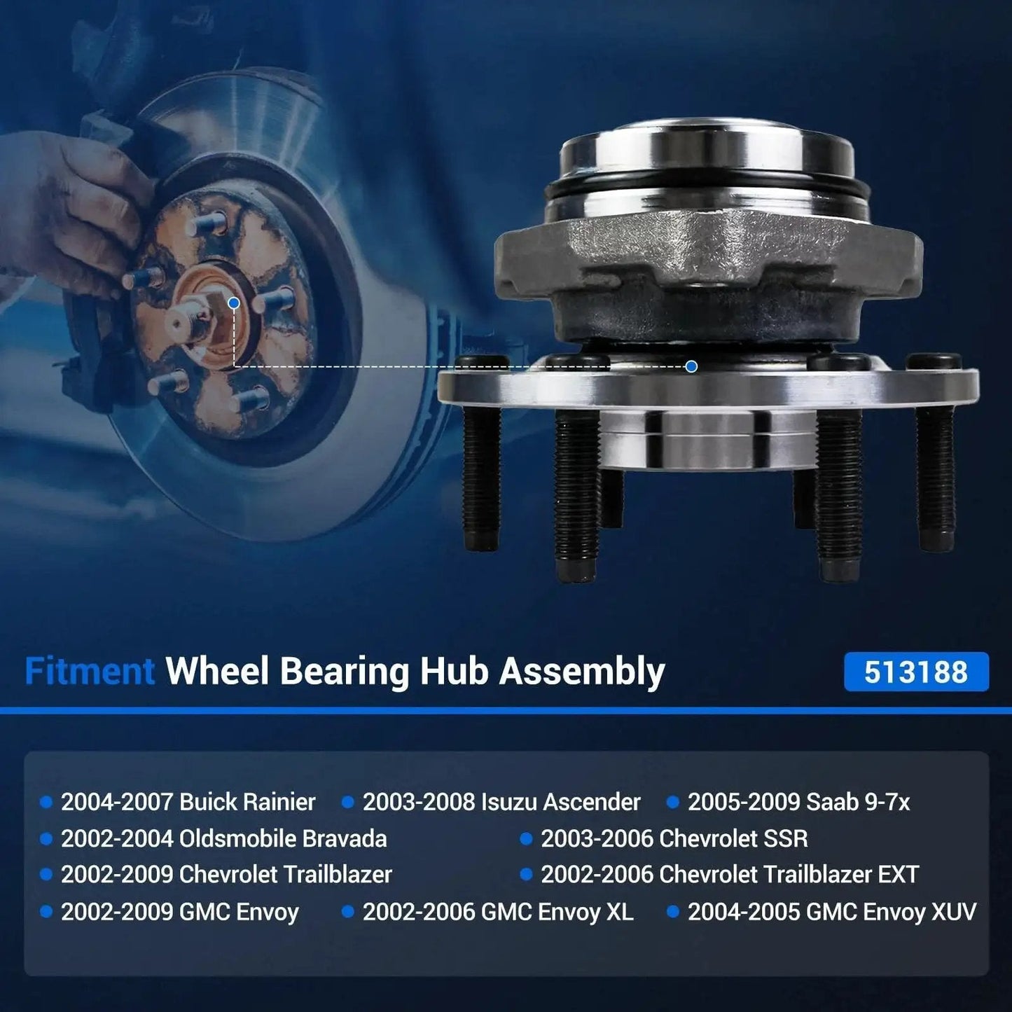 Front Wheel Hub And Bearing Assembly 513188 for Chevy Trailblazer SSR GMC Envoy Buick Rainier Isuzu Ascender Saab Nine Seven X displayed