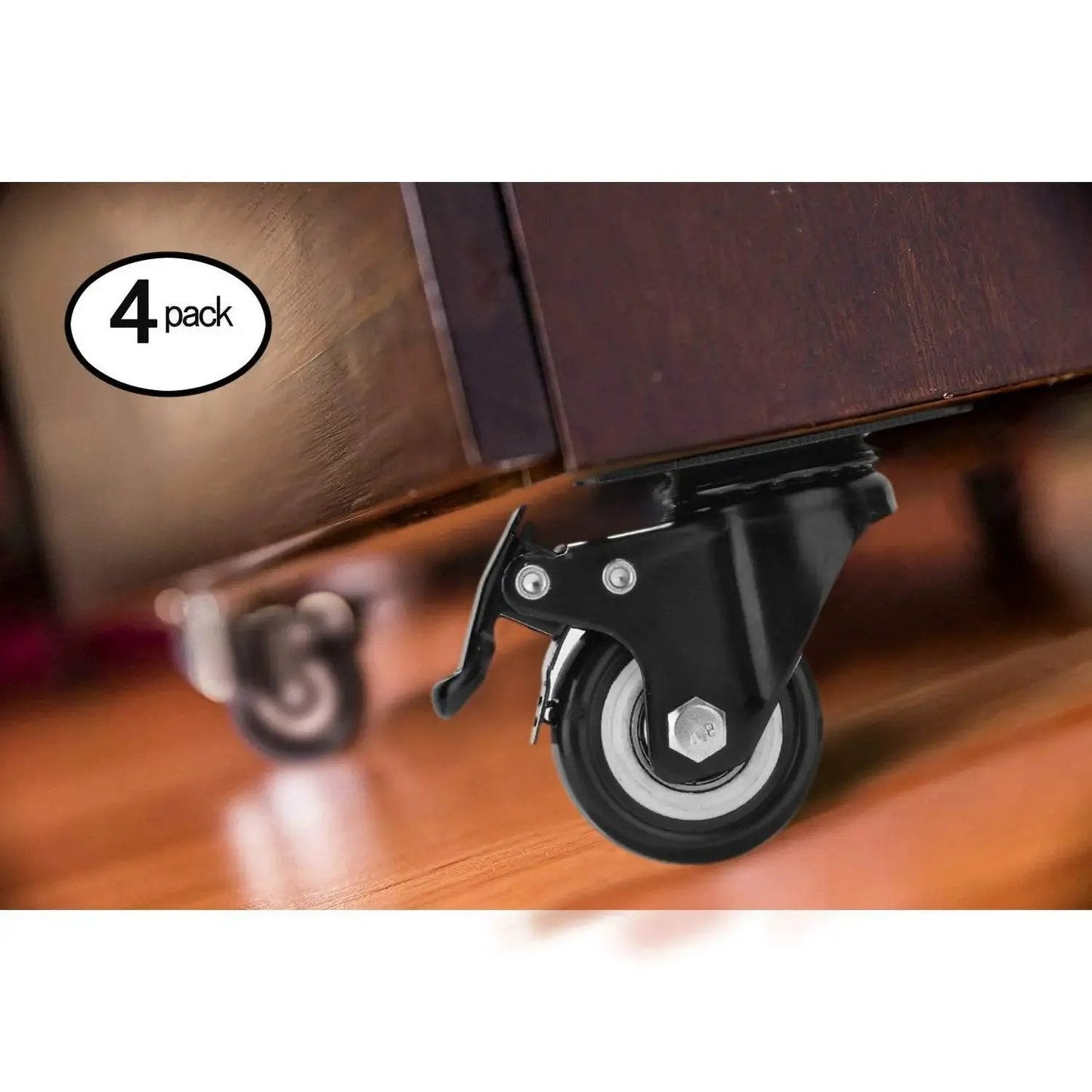 2 Inch Caster Wheels Set Of 4 With 360 Degree Swivel And Brakes, installed on wooden furniture for mobility and shock absorption