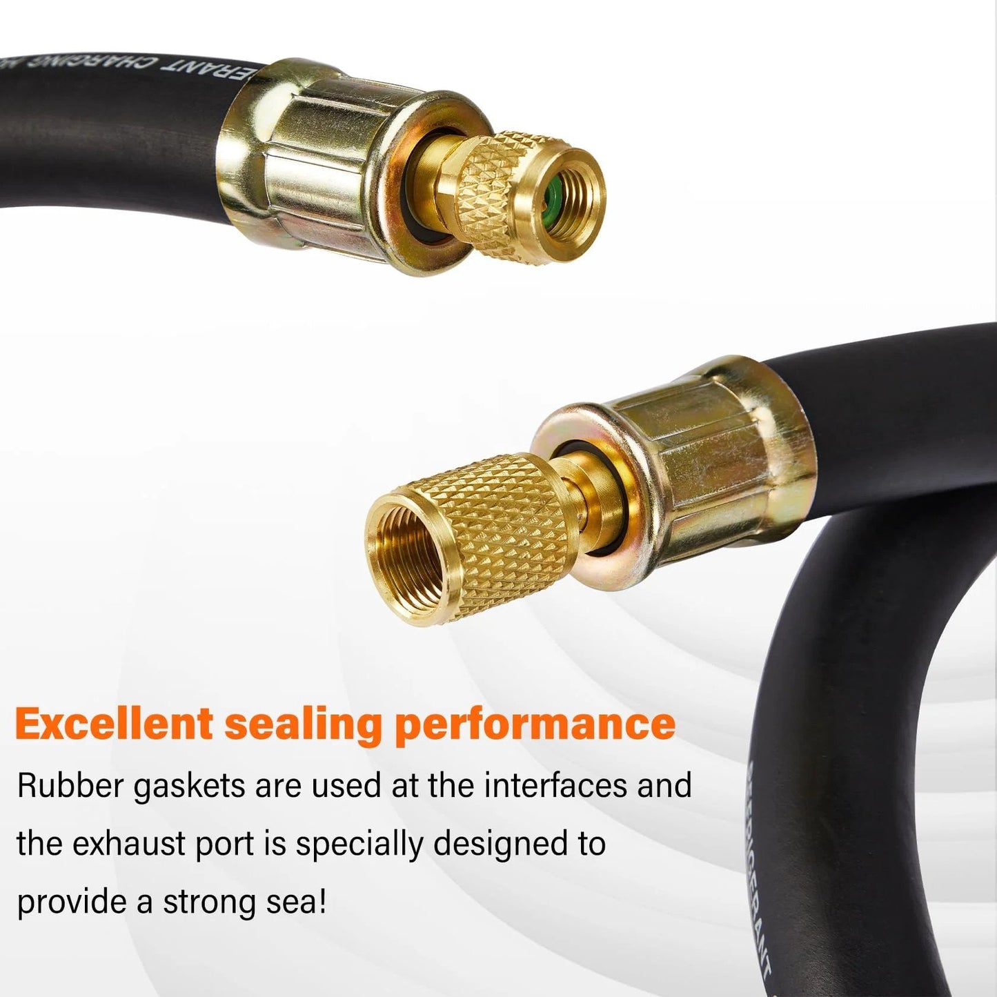 Close-up of Upgraded One Half Inch HVAC Vacuum Hose With Three Eighths To One Quarter Inch Fittings, High Flow Refrigerant Hose For Faster Evacuation And Recovery, Six Feet Black showing brass fittings and rubber gasket sealing.