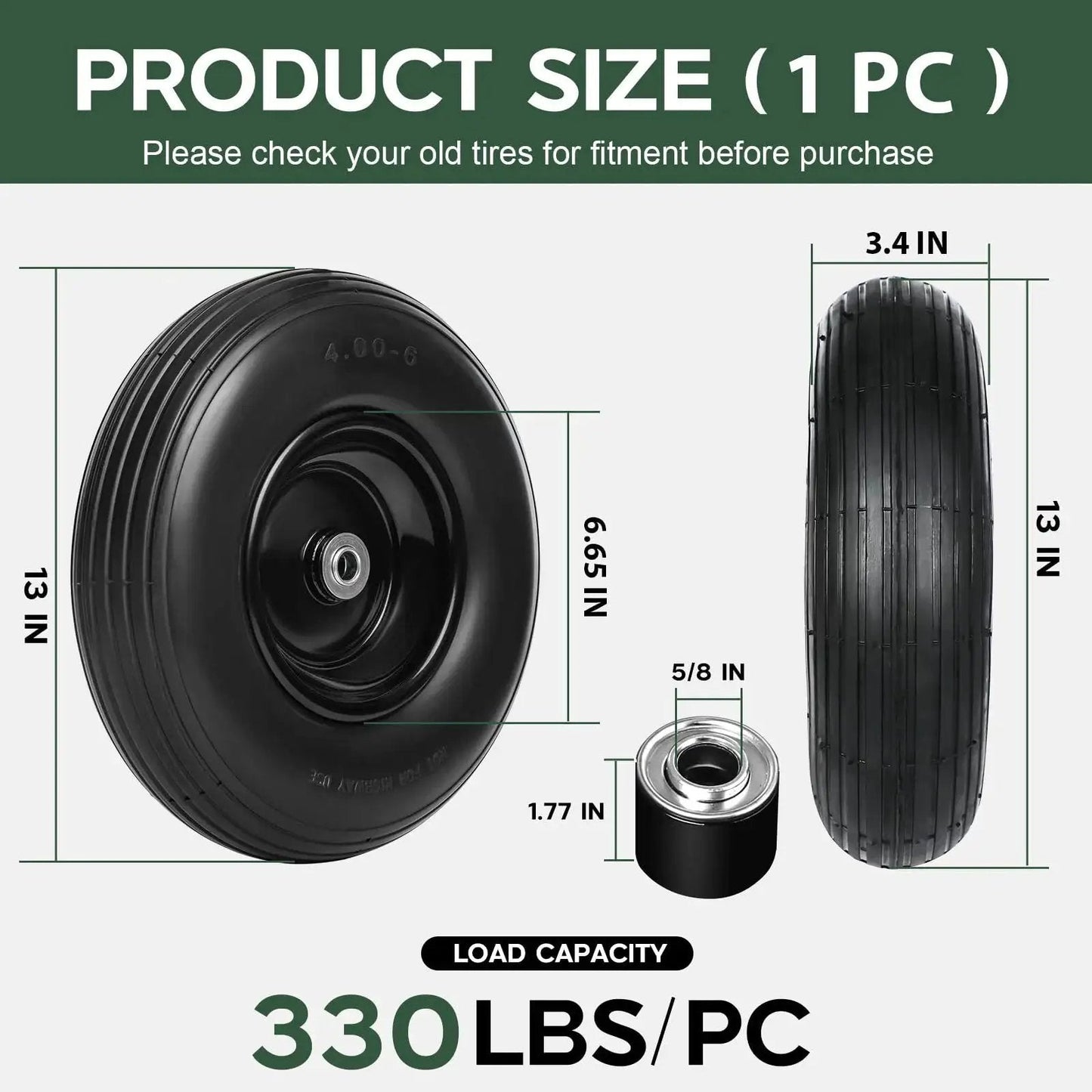 13 Inch Solid Flat Free Replacement Tire And Wheel 4.00-6 With Five Eighth Inch Axle Bore for carts, 330 lbs capacity, dimensions labeled