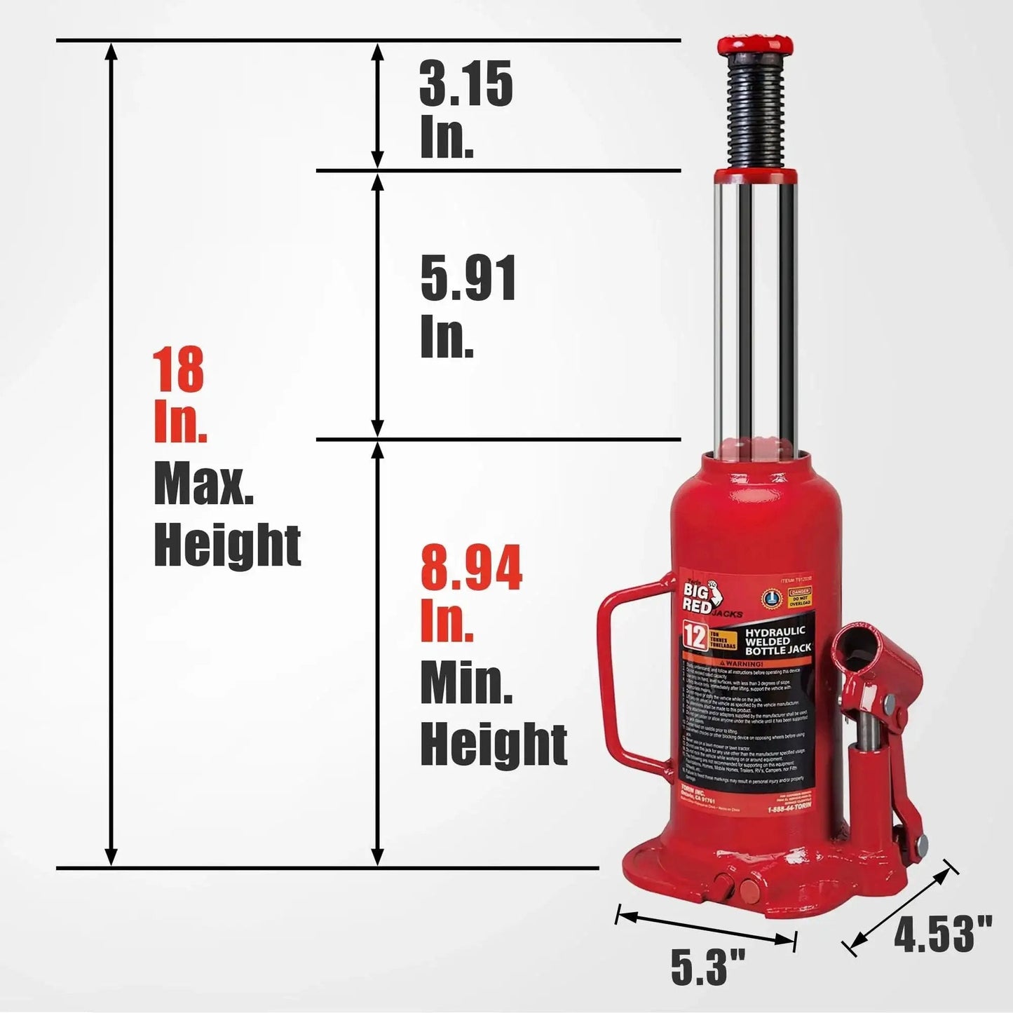 12 Ton Hydraulic Bottle Jack With 9 To 18 Inch Lift And Serrated Saddle showing dimensions and design in red color.