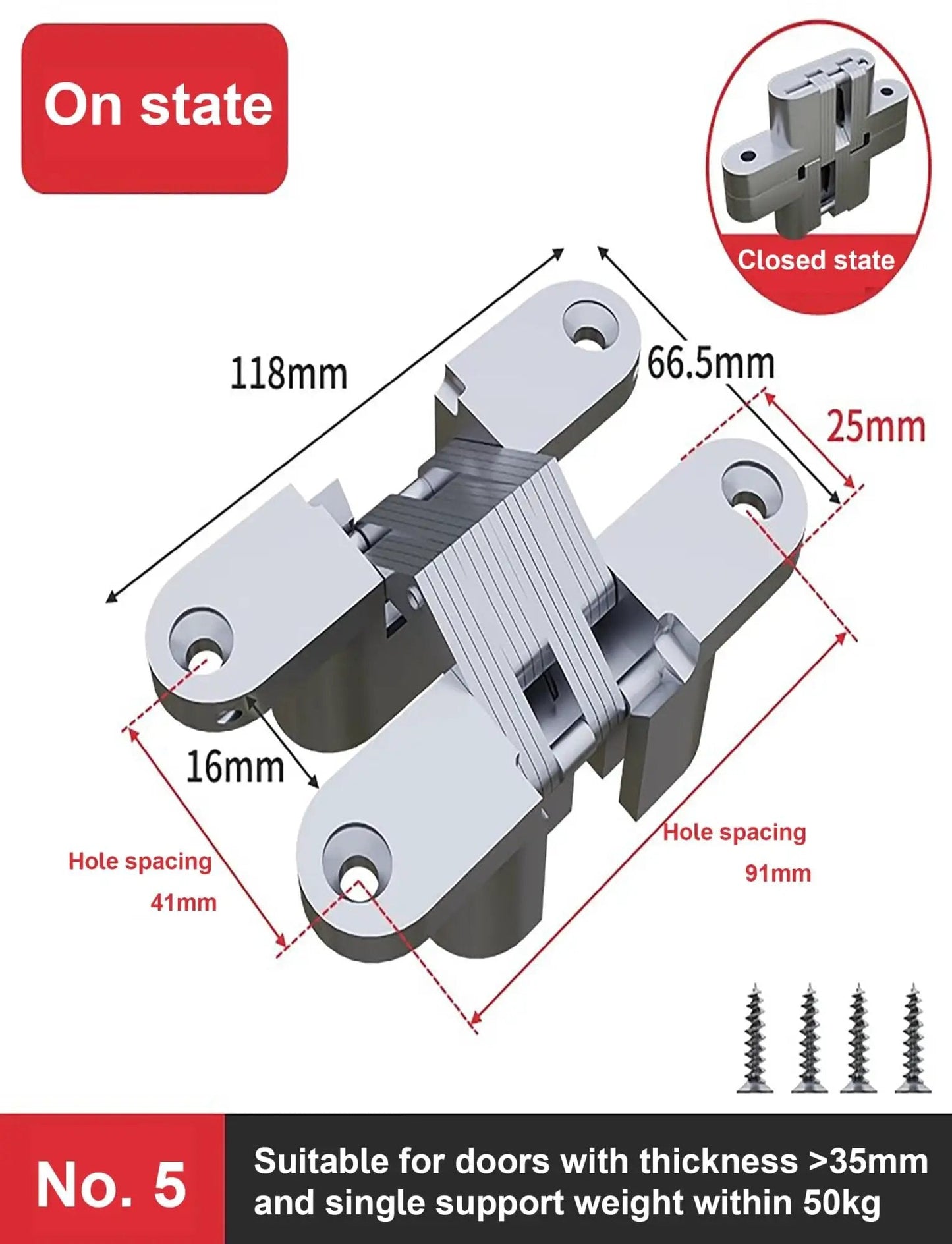 Hidden Door Hinge Set 2Pcs Invisible Cross Hinges For Kitchen Cabinet Doors 180 Degree Opening Zinc Alloy Concealed Cabinet Hinges Silent Smooth Rotation With Durable Bearing Link Color 2 And 5, showing dimensions and hole spacing.