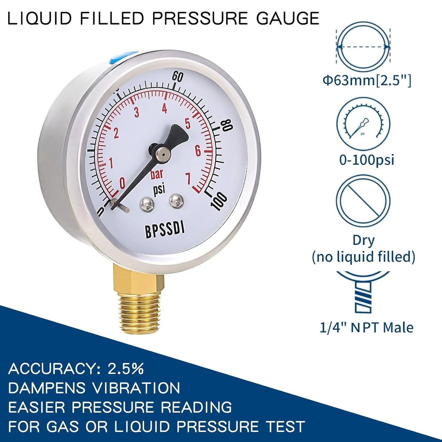 Lead Free 100 Psi Vacuum Water Pressure Gauge With 2.5 Inch Dial And One Quarter Inch G Lower Mount, 304 Stainless Steel Case