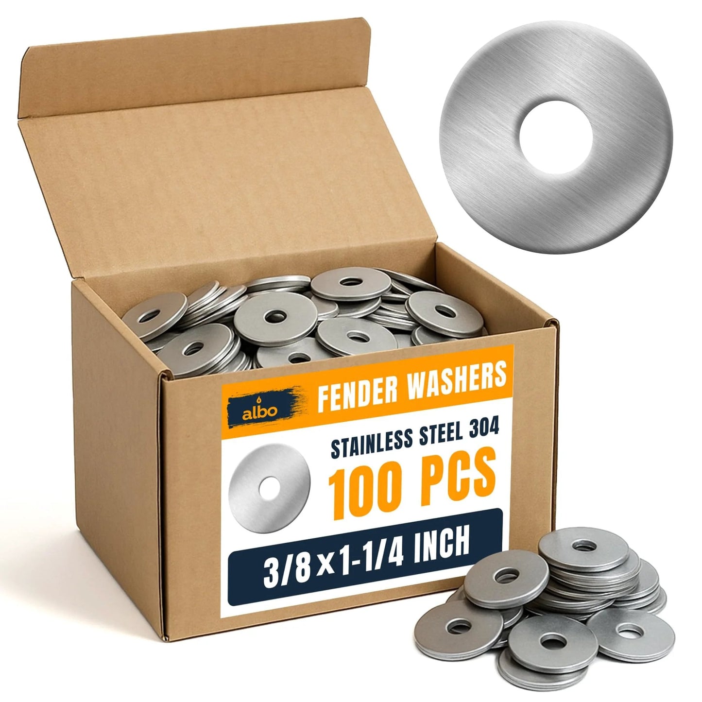 100 Pcs Stainless Steel Fender Flat Washers 3/8 By 1-1/4 Inch For Bolts And Screws, 304 Stainless Hardware For Construction And DIY Projects, Rustproof And Corrosion Resistant