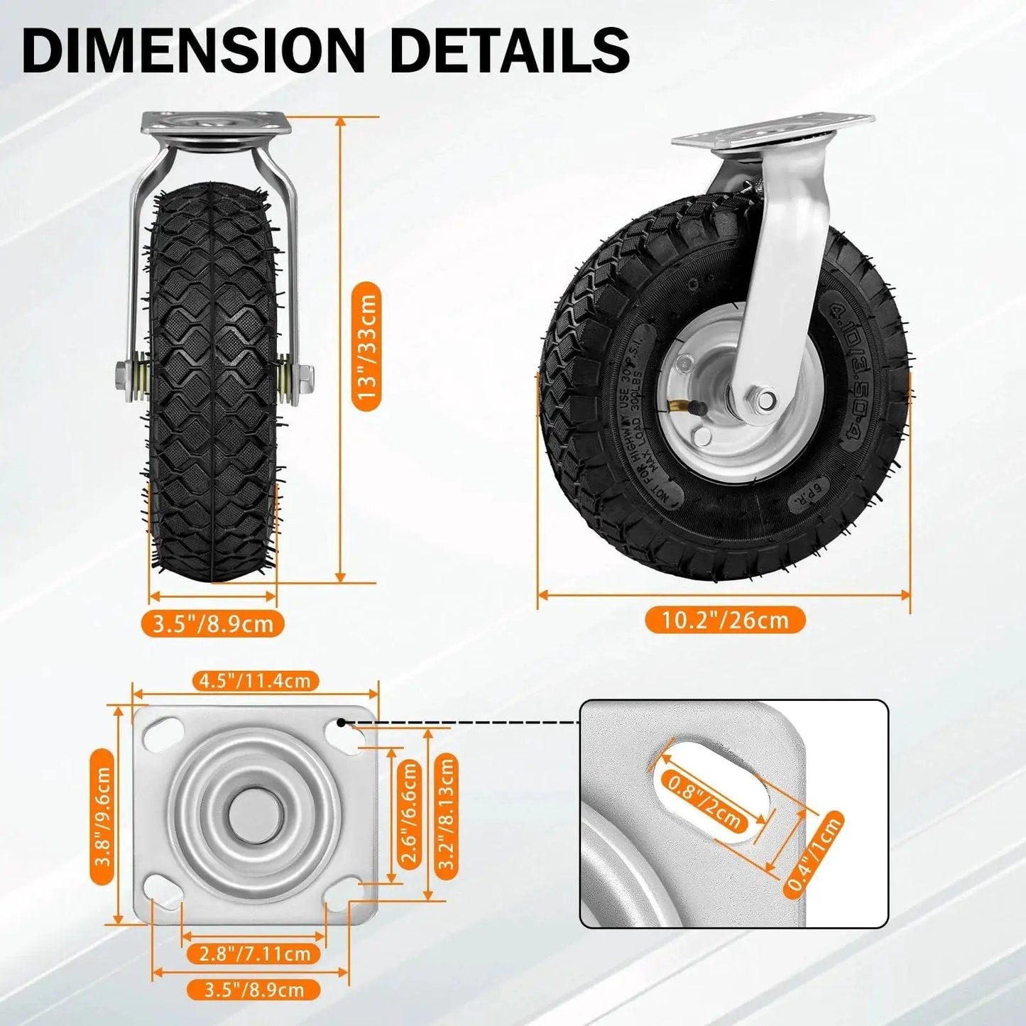 Dimensions of Heavy Duty Pneumatic Casters 10 Inch 4 Pack With 2 Swivel And 2 Rigids, 1200 Lbs Capacity, Rubber Wheel