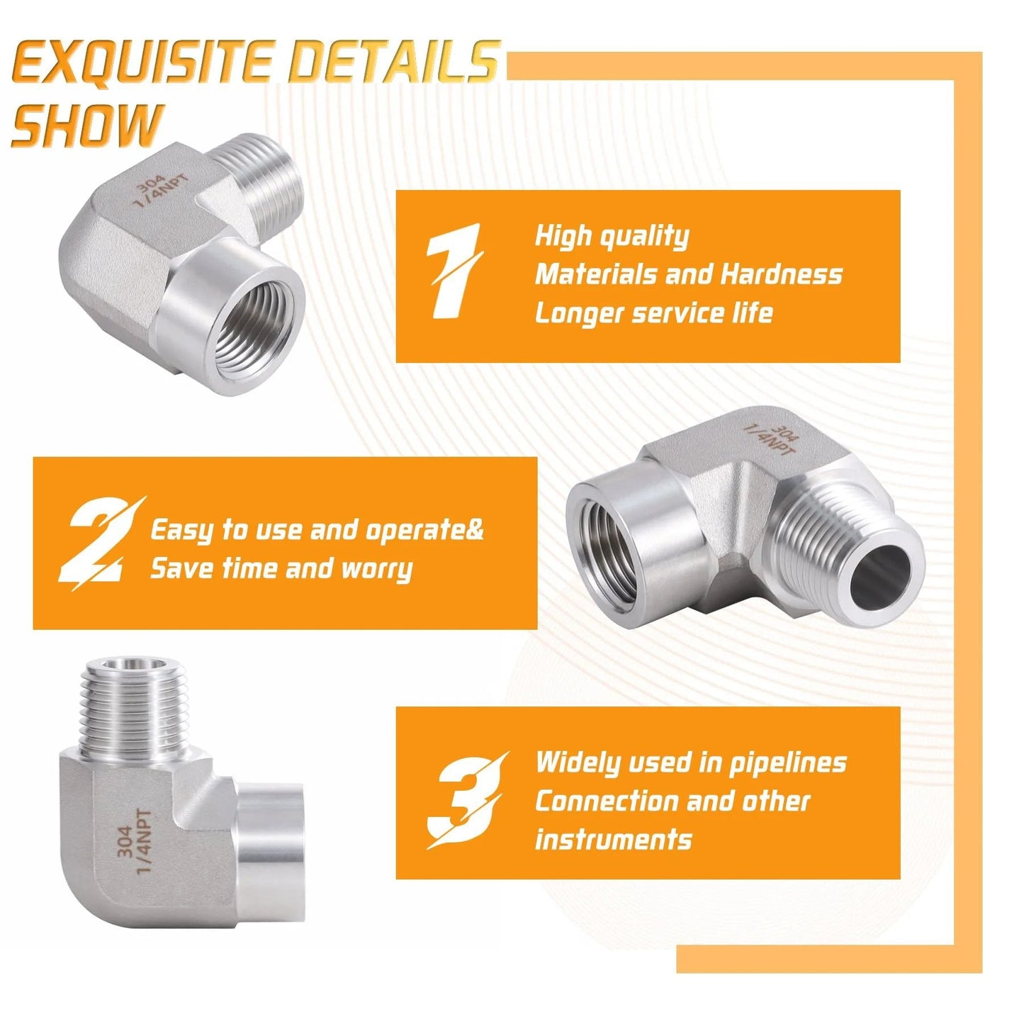 Stainless Steel 90 Degree Pipe Fitting Elbow One Quarter Inch NPT Male To One Quarter Inch NPT Female Two Pack features diagram