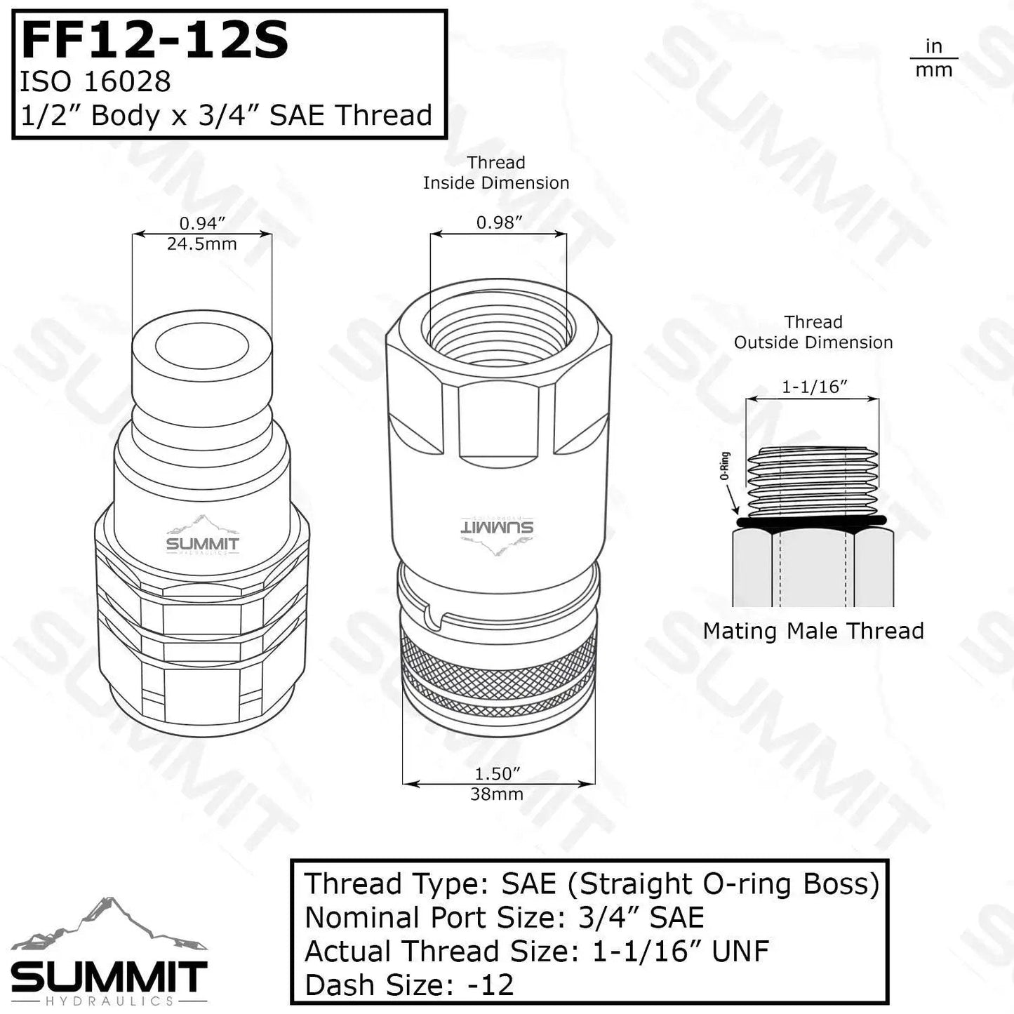 Technical drawing of 3/4" SAE skid steer quick connect couplers, labeled dimensions and thread type for Two Sets No Nonsense Three Quarters Inch SAE Skid Steer Quick Connect Couplers Set For Bobcat Flat Face Hydraulics With Dust Caps High Flow Performance Interchangeable With Most Skid Steer Loader Models.