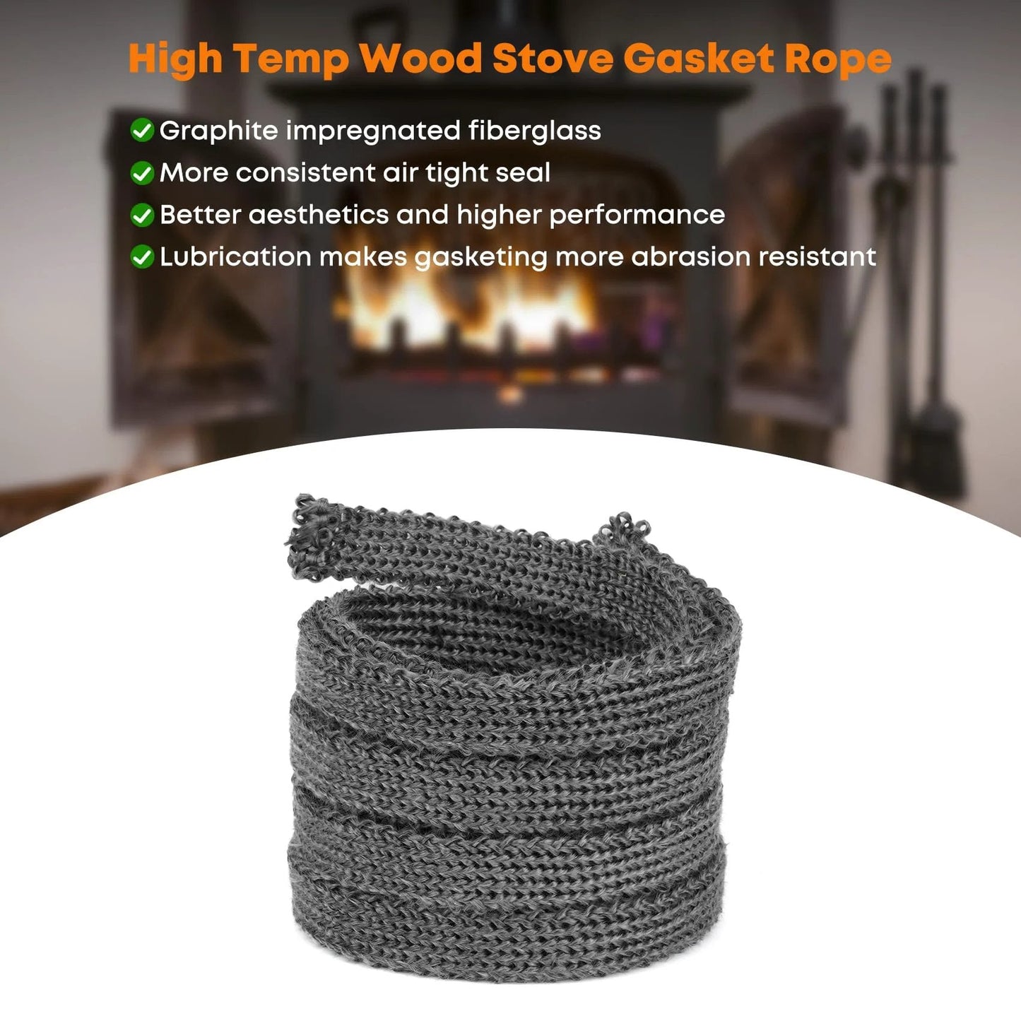 Graphite Impregnated Fiberglass Flat Rope Seal and High Temperature Cement Gasket Kit for Wood Stoves Replacement 5/8 in x 1/8 in x 84 in Includes 79 ml Gasket Cement for Easy Install and Airtight Stove Doors and Fireplace Inserts.