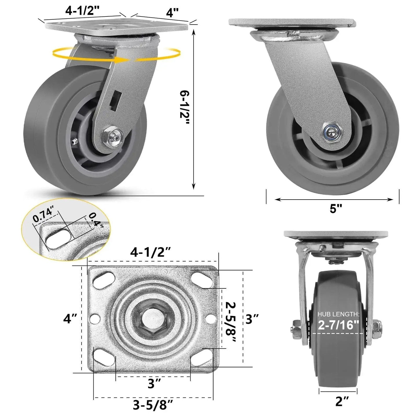 5 Inch Heavy Duty Swivel Caster Wheels Set Of 4 For Carts Industrial Use With Thermoplastic Rubber Wheels, close-up with dimensions