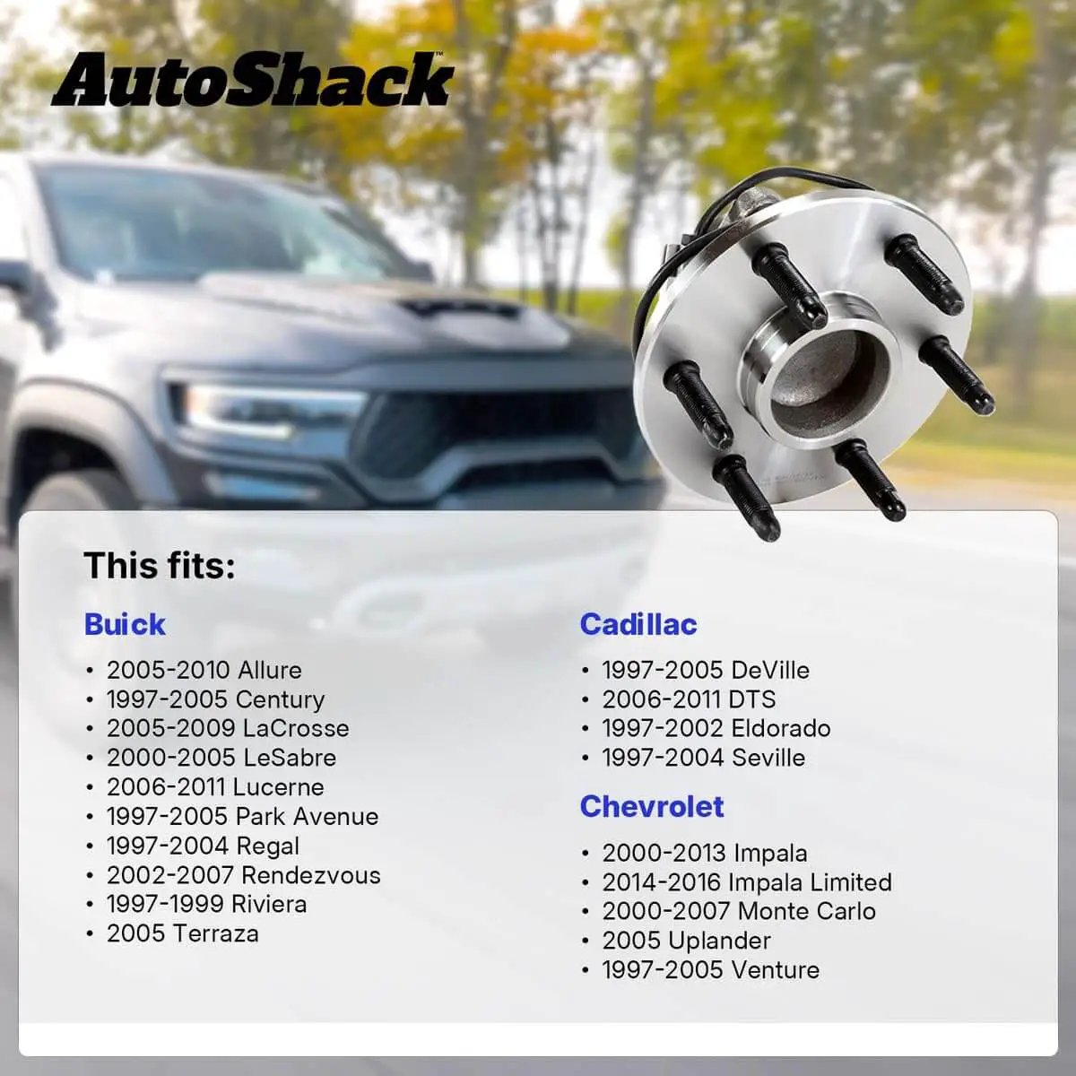 Front Wheel Hub Bearing Assemblies with ABS Sensor Pair (2) Replacement shown with compatibility list for Buick, Cadillac, Chevrolet.