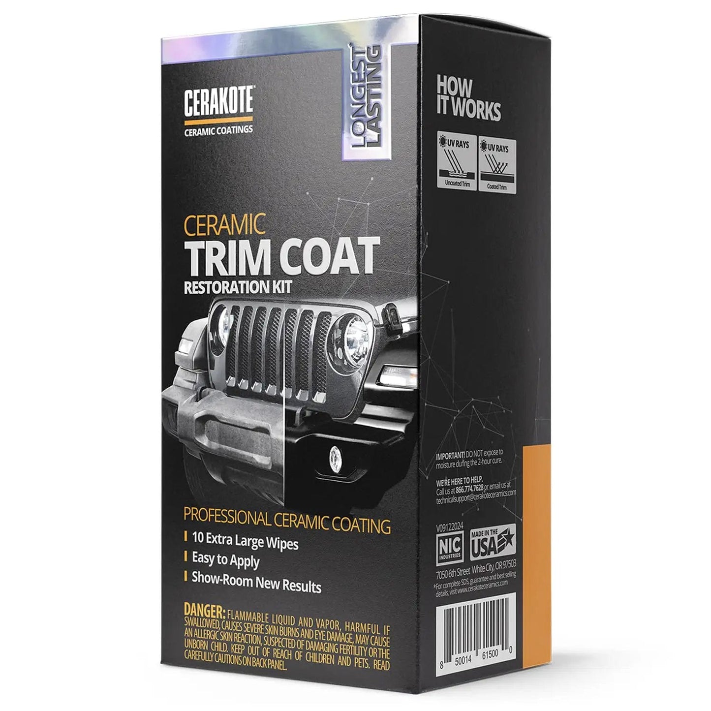 Ceramic Trim Coat Kit For Plastic Trim Restoration And UV Protection That Lasts 200 Plus Washes, A True Ceramic Coating Not A Dressing, Easy Apply, Quick Cure, Durable High Gloss Shield in a retail box displaying the product details.