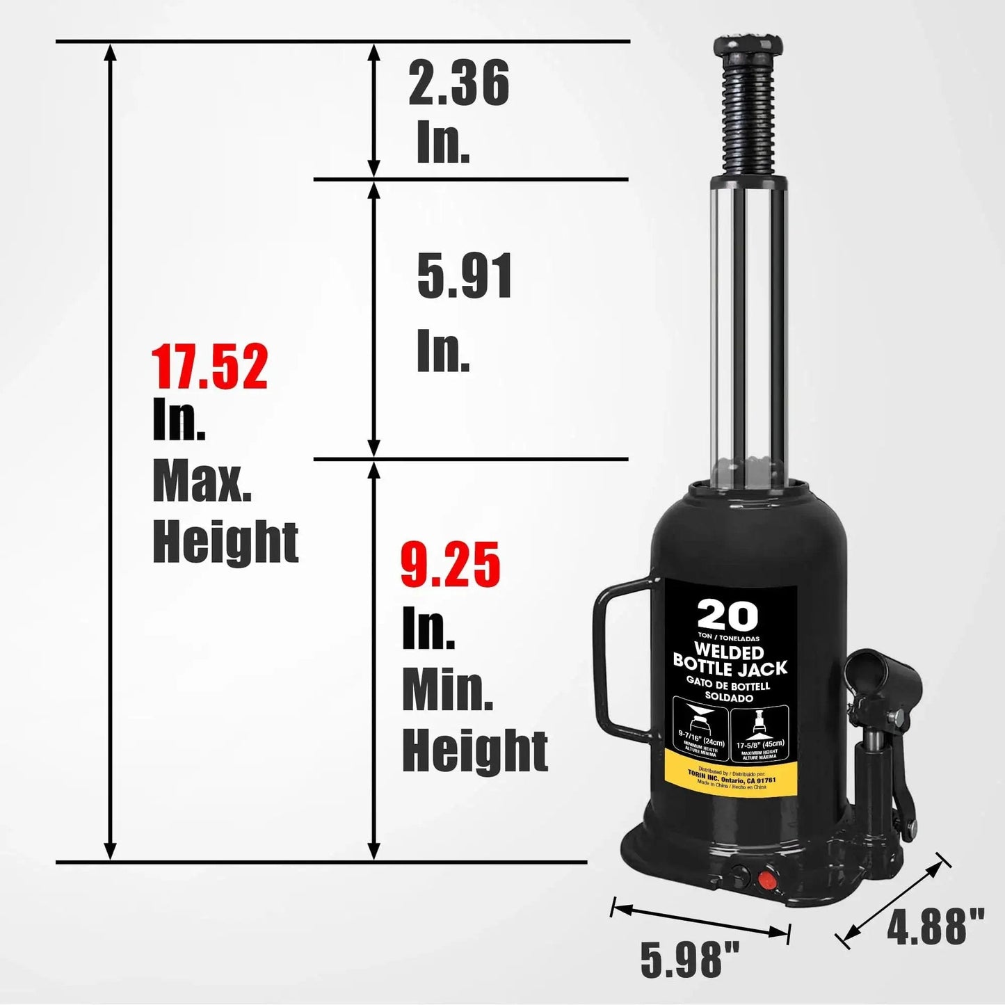 20 Ton Hydraulic Bottle Jack For Cars Trucks And SUVs Welded Heavy Duty Lift Range 9.4375 Inches To 17.625 Inches With Serrated Heat Treated Saddle For Secure Grip And Durable Support In Black with measurements displayed