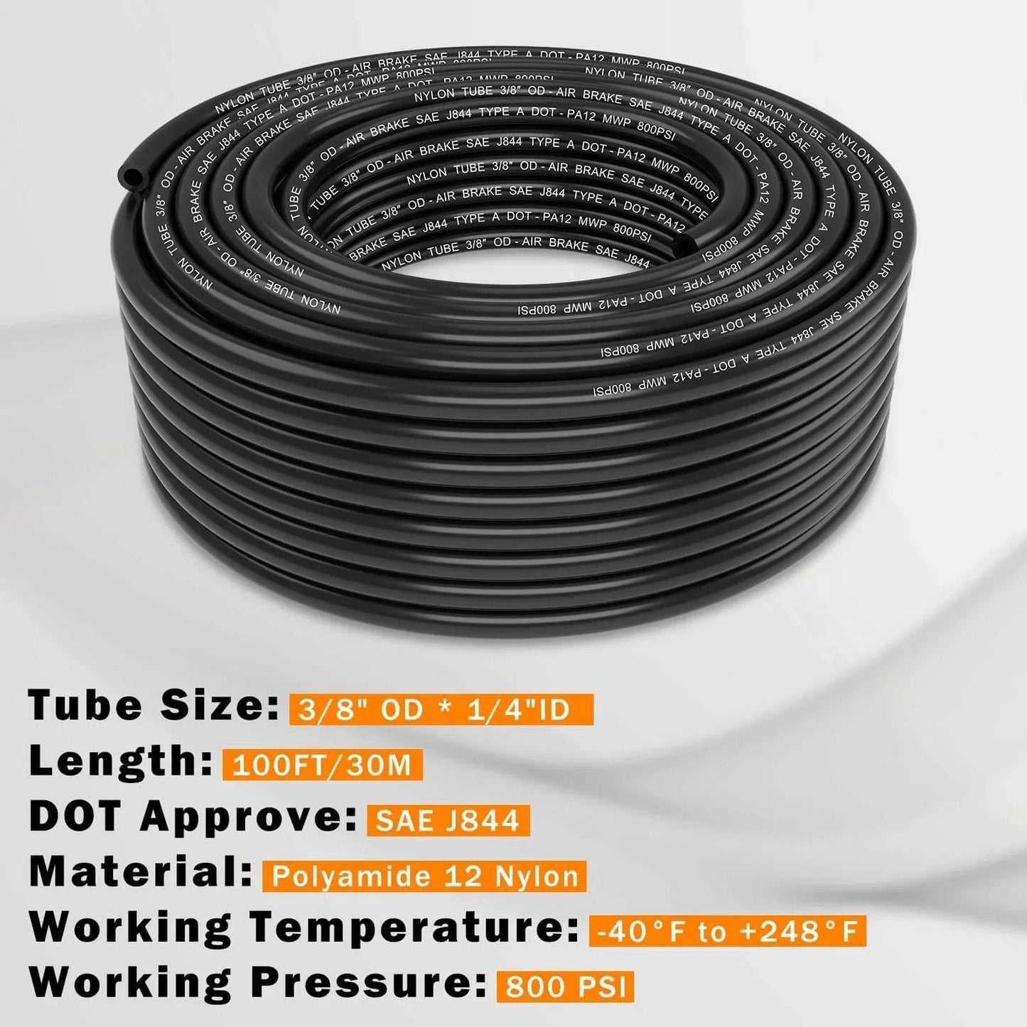 Coiled black tubing labeled Nylon DOT Air Line Three Eighths Inch Outer Diameter Pneumatic Tubing 100 Feet 30.5 Meter SAE J844 Compliant Air Hose For DOT Air Brake Systems High Temperature Flexibility And High Pressure Durability.